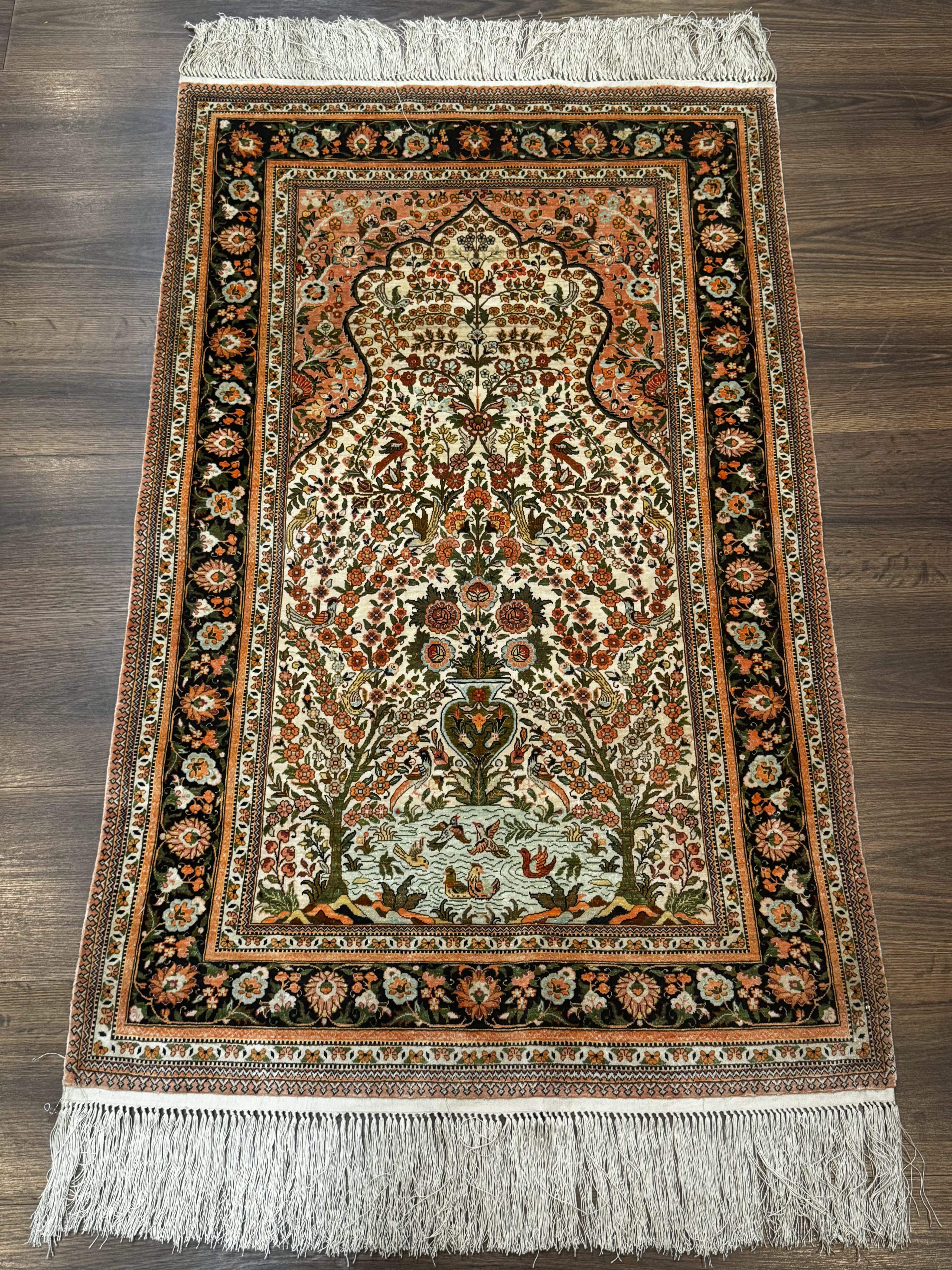 Exceptional Silk Rug 2.6 x 4, Very Fine 630 KPSI, Persian Vase Tree of Life Bird Pictorials, Handmade