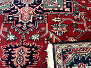 Indo Persian Heriz Rug 8x10, Geometric Medallion, Brick Red Ivory Navy Blue, Room Sized Heriz Carpet, Wool Rug