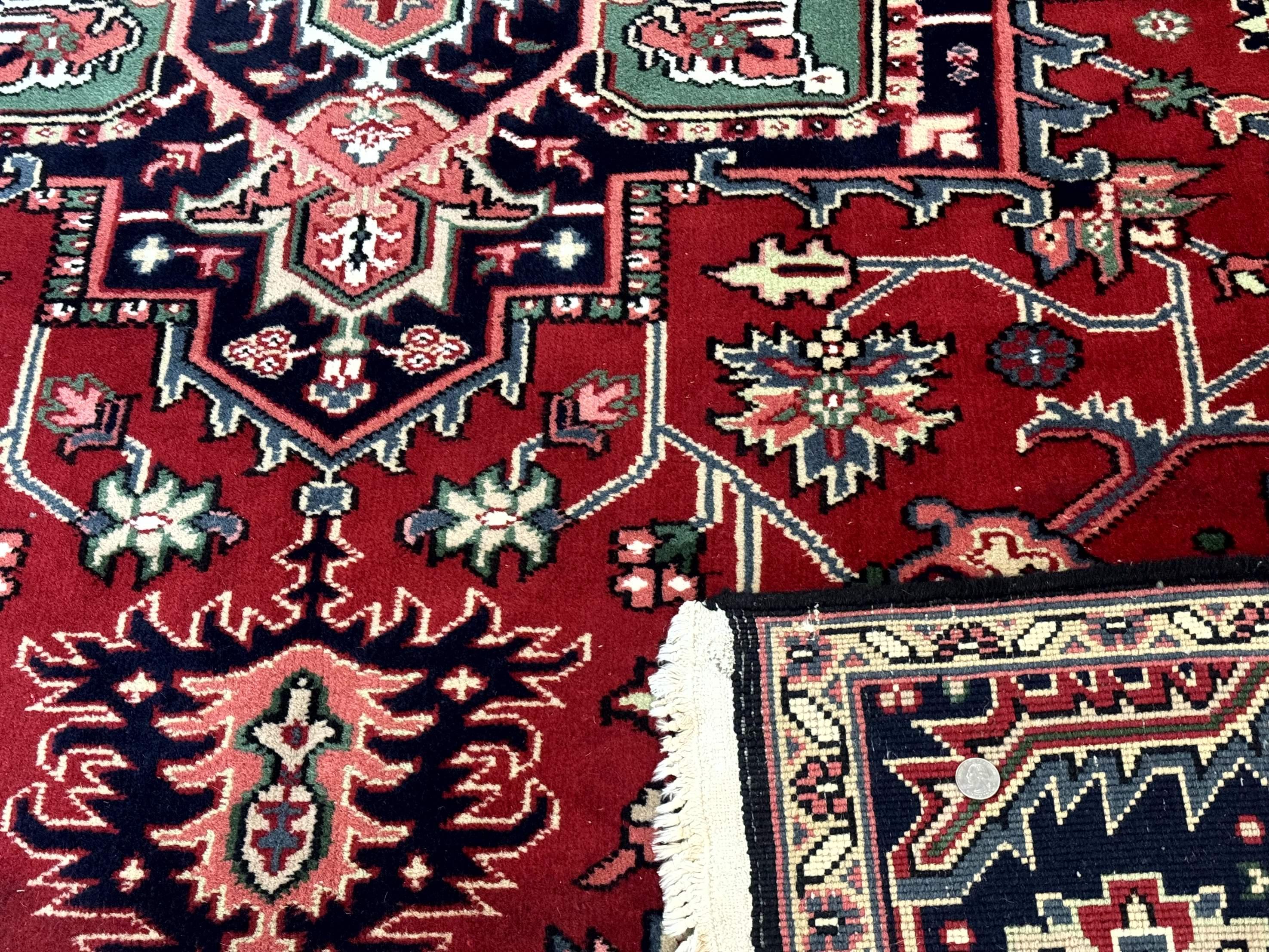 Indo Persian Heriz Rug 8x10, Geometric Medallion, Brick Red Ivory Navy Blue, Room Sized Heriz Carpet, Wool Rug