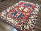 Turkish Kazak Rug 6x8, Caucasian Design, Geometric Medallions, Red Blue Beige