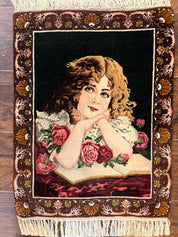 Small Persian Tabriz Pictorial Rug of Young Girl, Very Fine 380 KPSI, Portrait of Young Lady with Roses, Handmade, Persian Rug for Wall Hanging