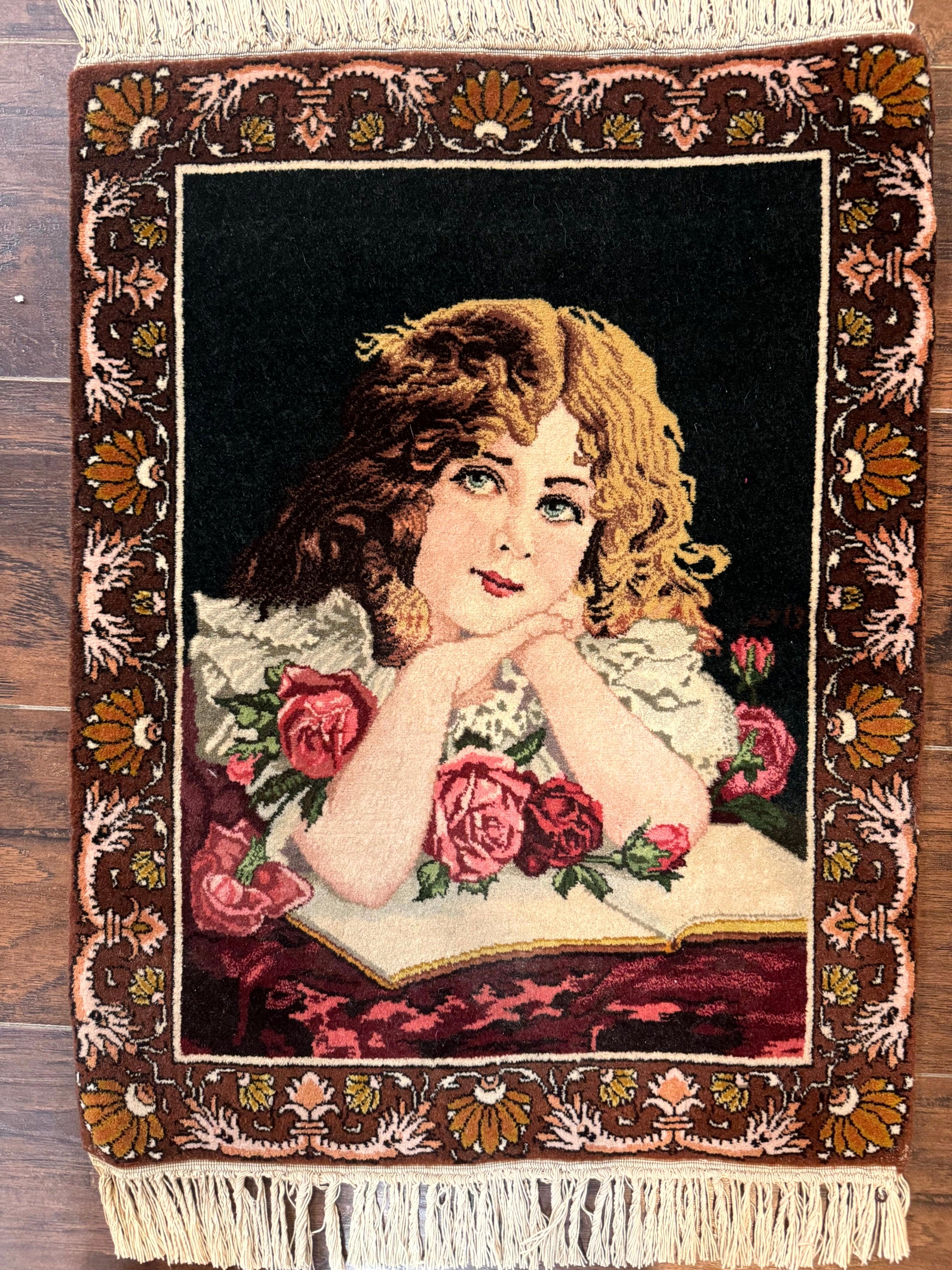 Small Persian Tabriz Pictorial Rug of Young Girl, Very Fine 380 KPSI, Portrait of Young Lady with Roses, Handmade, Persian Rug for Wall Hanging