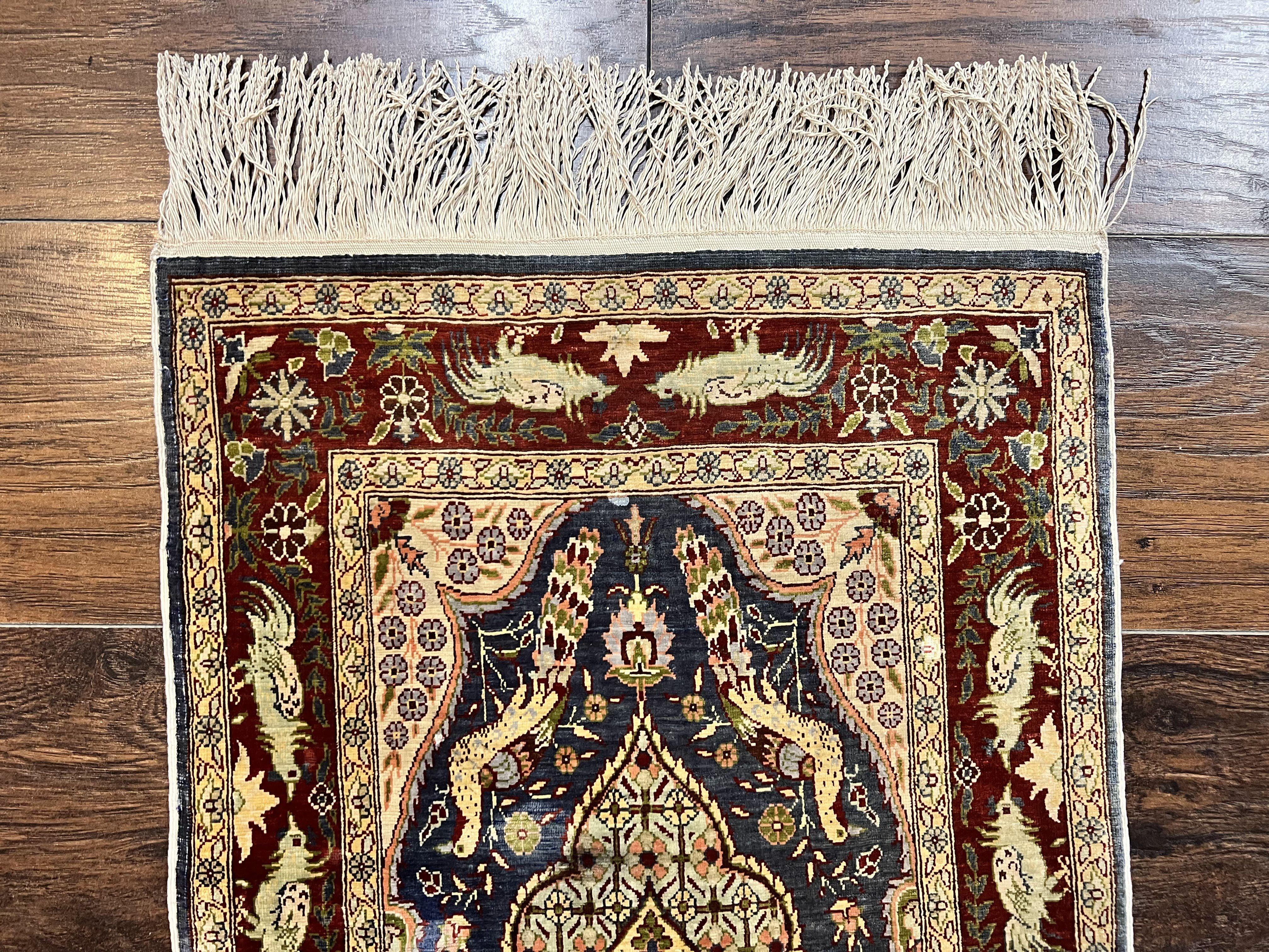 Silk Turkish Hereke Rug 2x3, Peacocks Birds, Signature from Master Weaver, Super Finely Hand Knotted 550 KPSI, Animal Pictorials