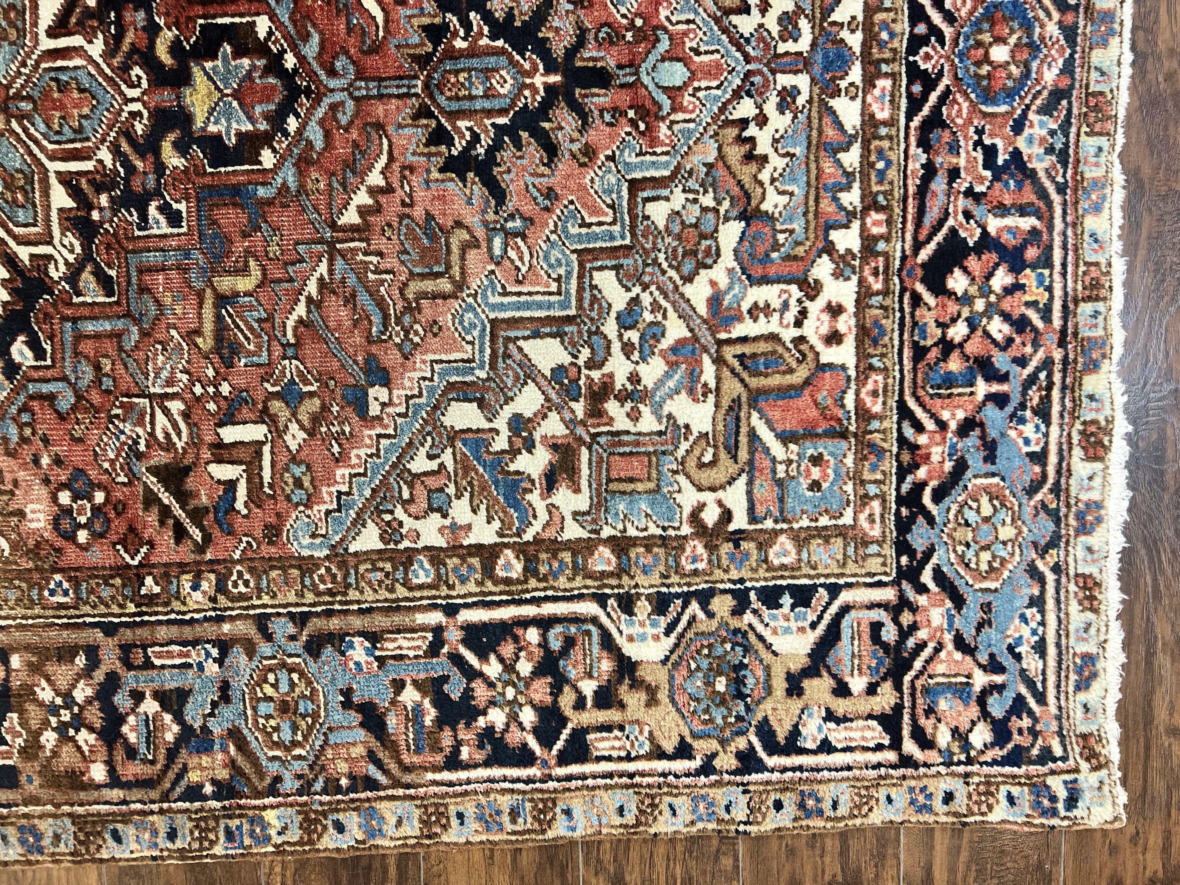 Antique Persian Heriz Rug 6x8, Geometric Medallion, 1920s Oriental Carpet, Handmade Wool Rug