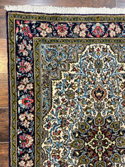 Persian Qum Rug 3x5, Wool with Silk Highlights, Handmade Semi Antique Carpet, Ivory & Navy Blue, Floral Medallion, Finely Hand Knotted