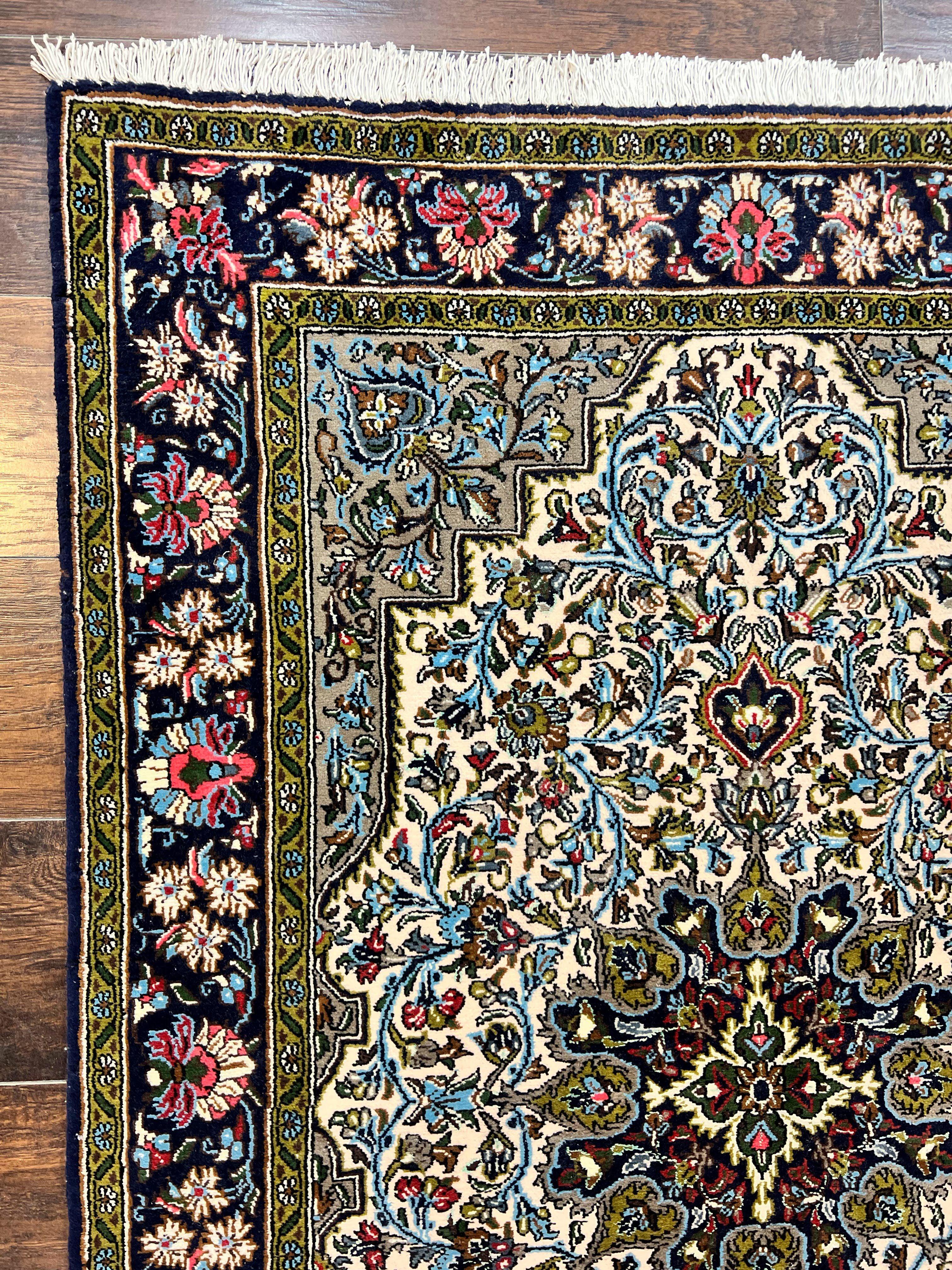 Persian Qum Rug 3x5, Wool with Silk Highlights, Handmade Semi Antique Carpet, Ivory & Navy Blue, Floral Medallion, Finely Hand Knotted