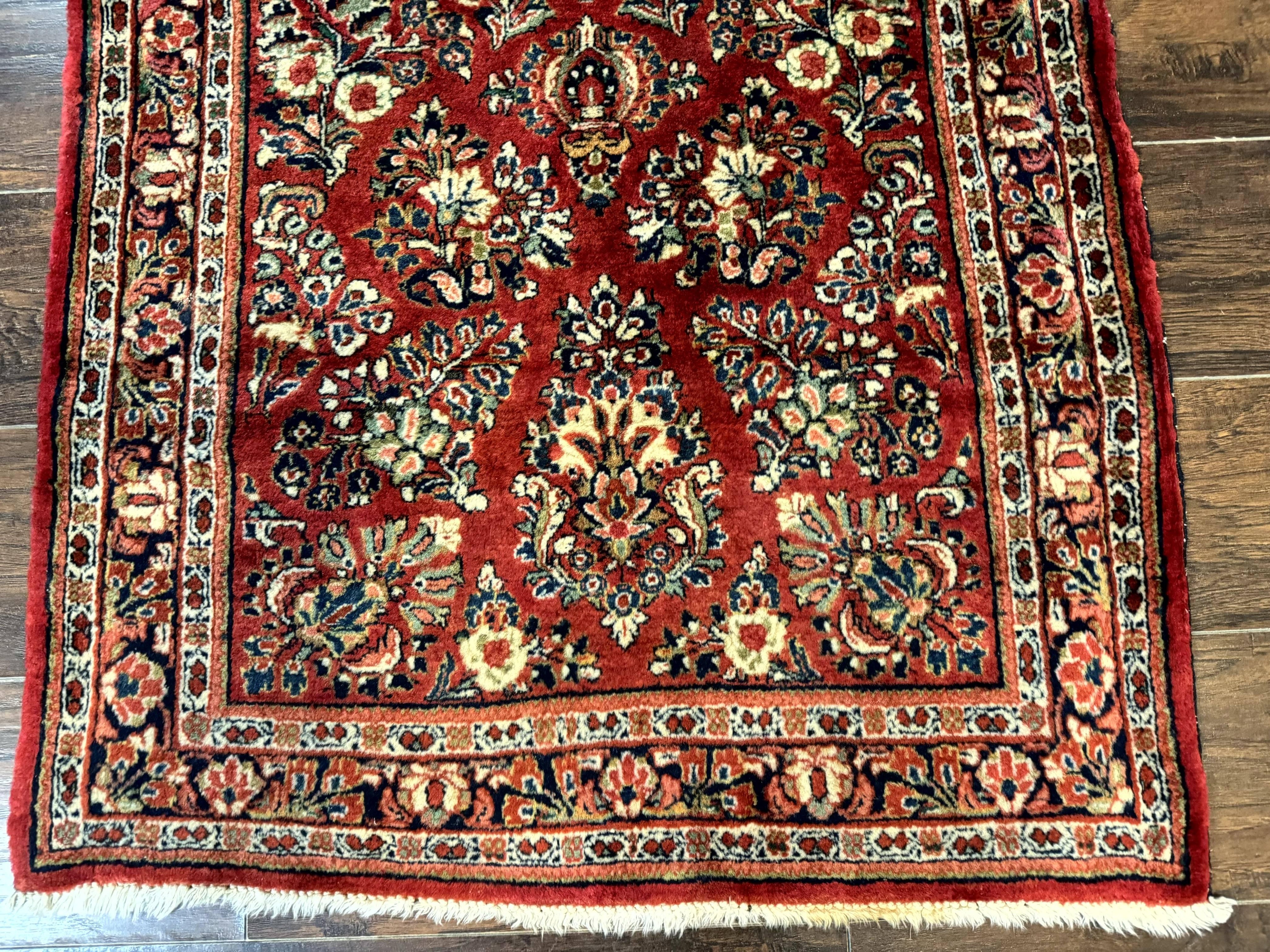 Red Persian Sarouk Rug 3 x 5.8, Antique Wool Carpet, 210 KPSI