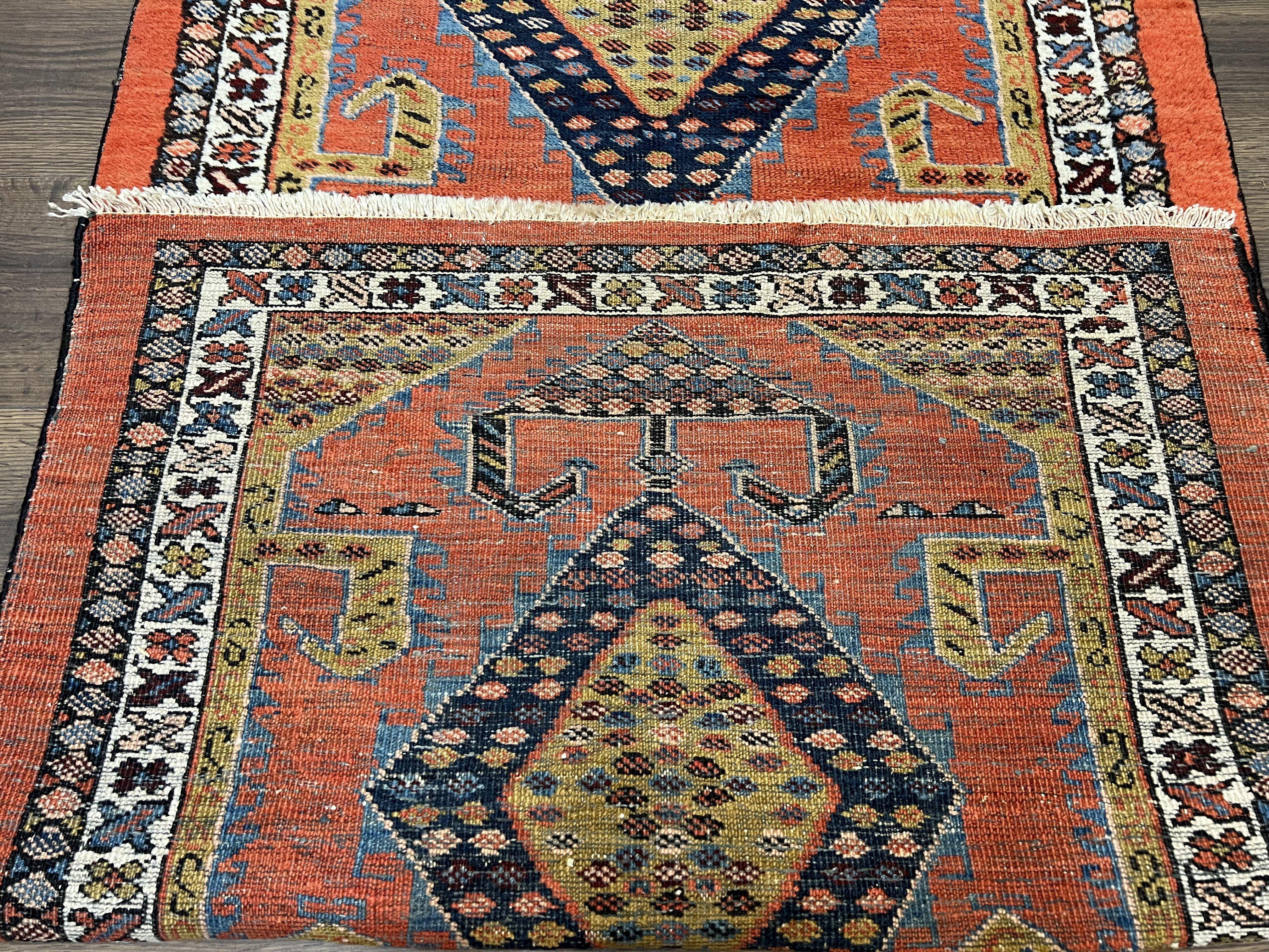 Rare Persian Tribal Runner Rug 3 x 11, Sarab Serab Persian Runner, Antique 1920s Collectible Geometric Medallions Oriental Wool Runner, Hand Knotted, Bright Orange-Red