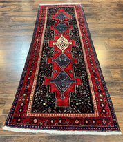 Persian Kurdish Senneh Runner Rug 3x9, Red Navy Blue, Medallions Wool Tribal Runner for Kitchen/Hallway 9ft Antique Handmade Oriental Runner