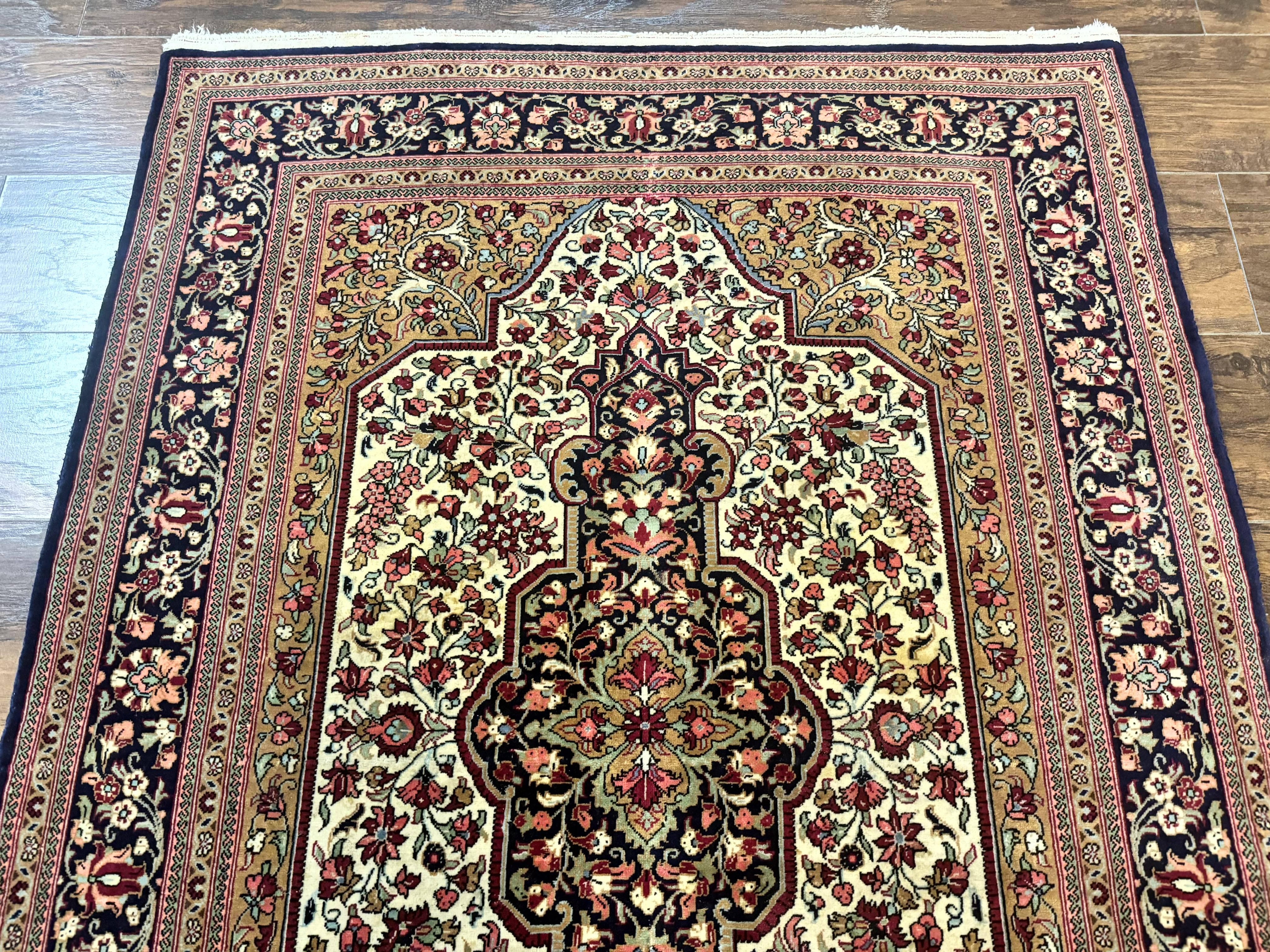 Persian Qum Rug 3.6 x 5, Kork Wool, Very Finely Hand Knotted 325 KPSI, Rare, Semi Antique
