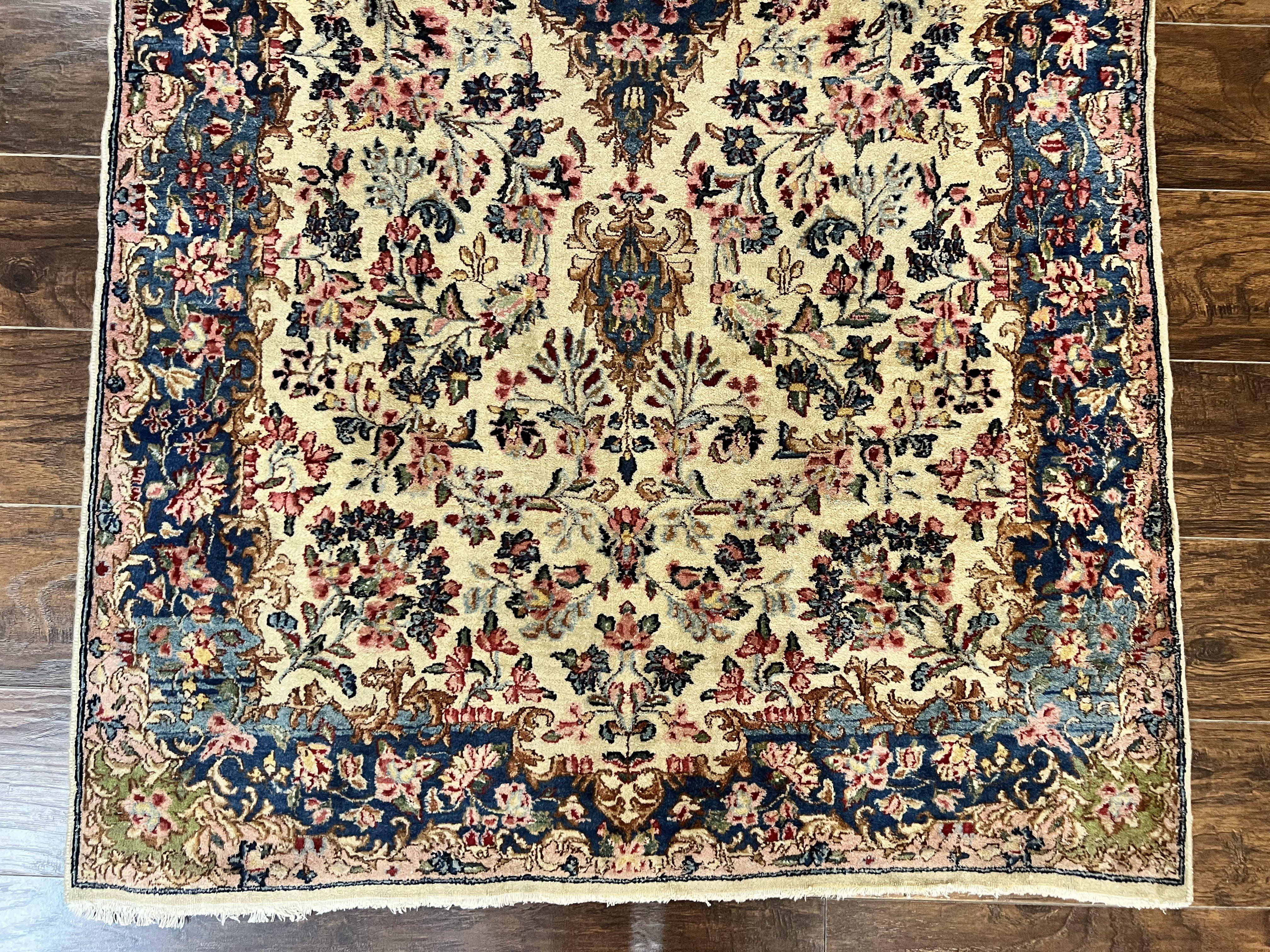 Antique Persian Kirman Rug 4x7, Cream and Navy Blue, Hand Knotted Wool Floral Carpet