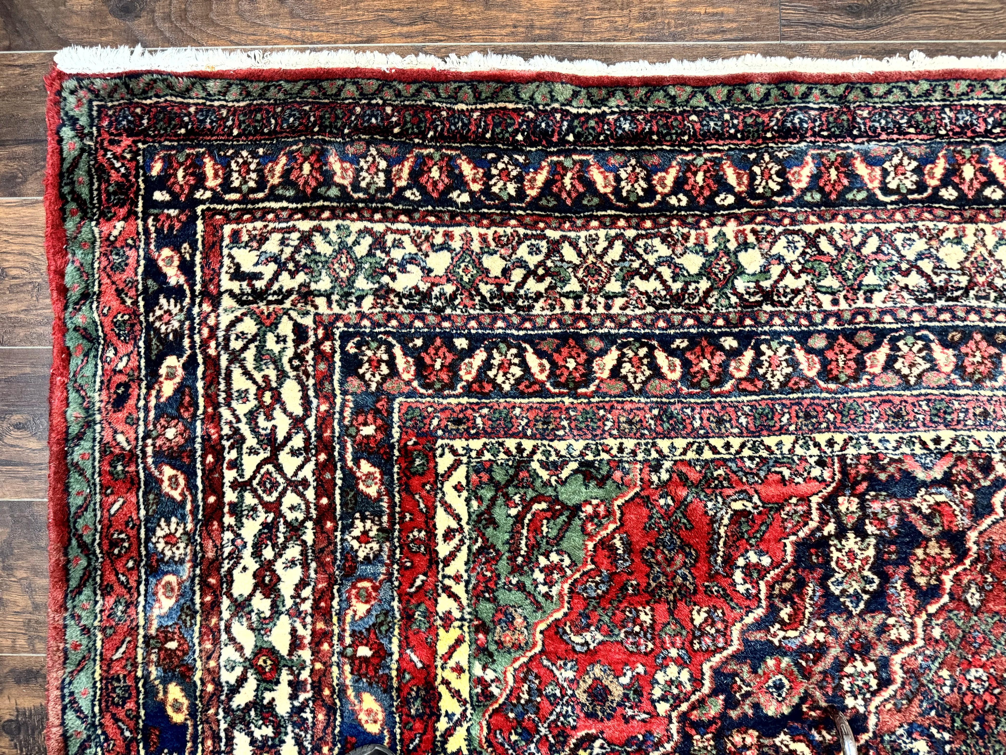 Antique Persian Hamadan Tribal Rug 8x10, Red and Ivory, Medallion Rug, Wool Handmade Carpet