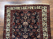 Navy Blue Antique Persian Rug 3x6, Blue and Ivory Persian Carpet, Handmade 1920s Hamadan Rug
