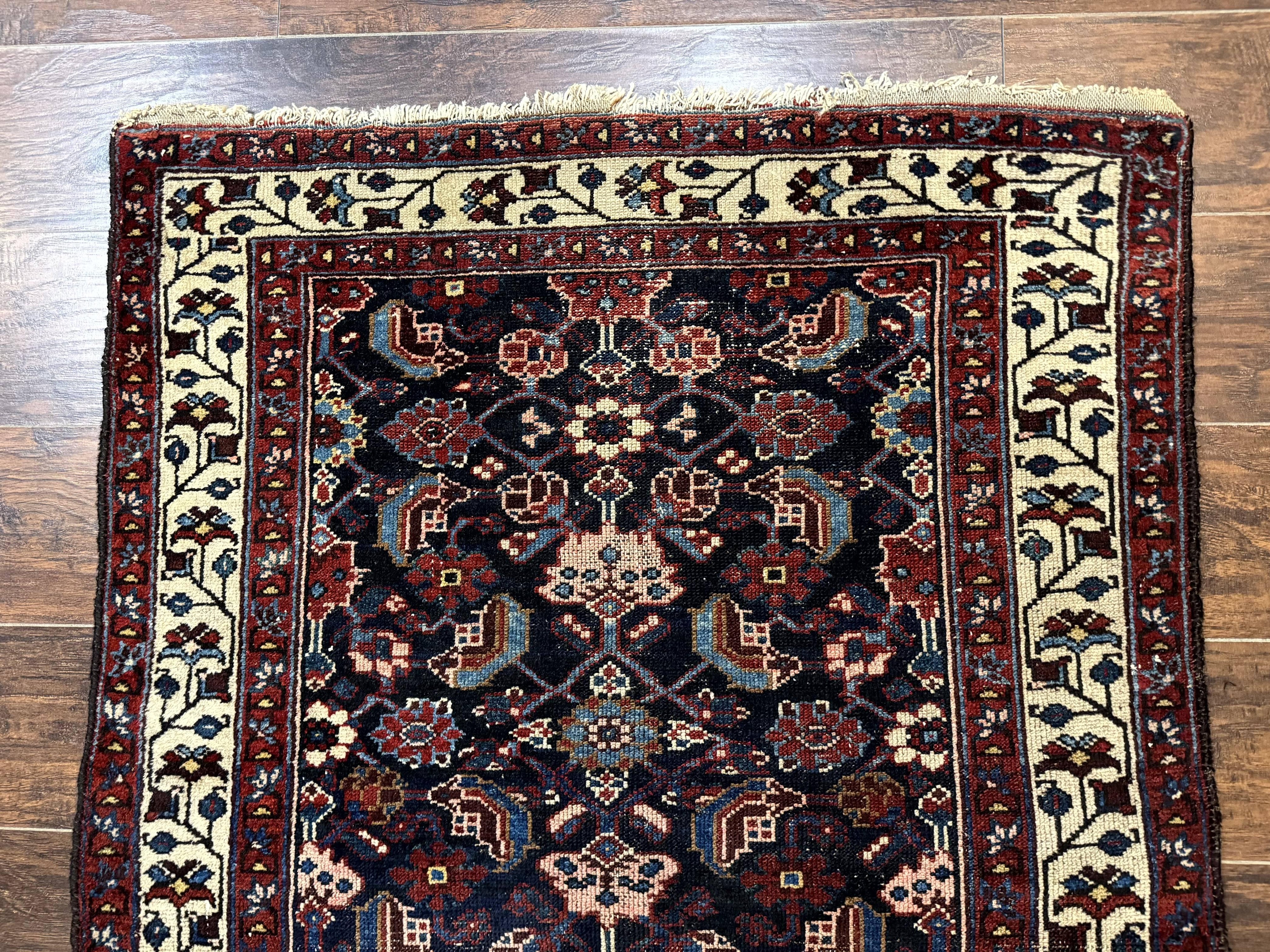 Navy Blue Antique Persian Rug 3x6, Blue and Ivory Persian Carpet, Handmade 1920s Hamadan Rug