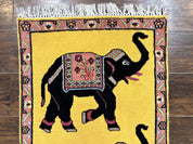 Unique Indian Pictorial Rug 2x3, Small Wool Hand Knotted Oriental Carpet, Yellow, Two Elephants, Handmade