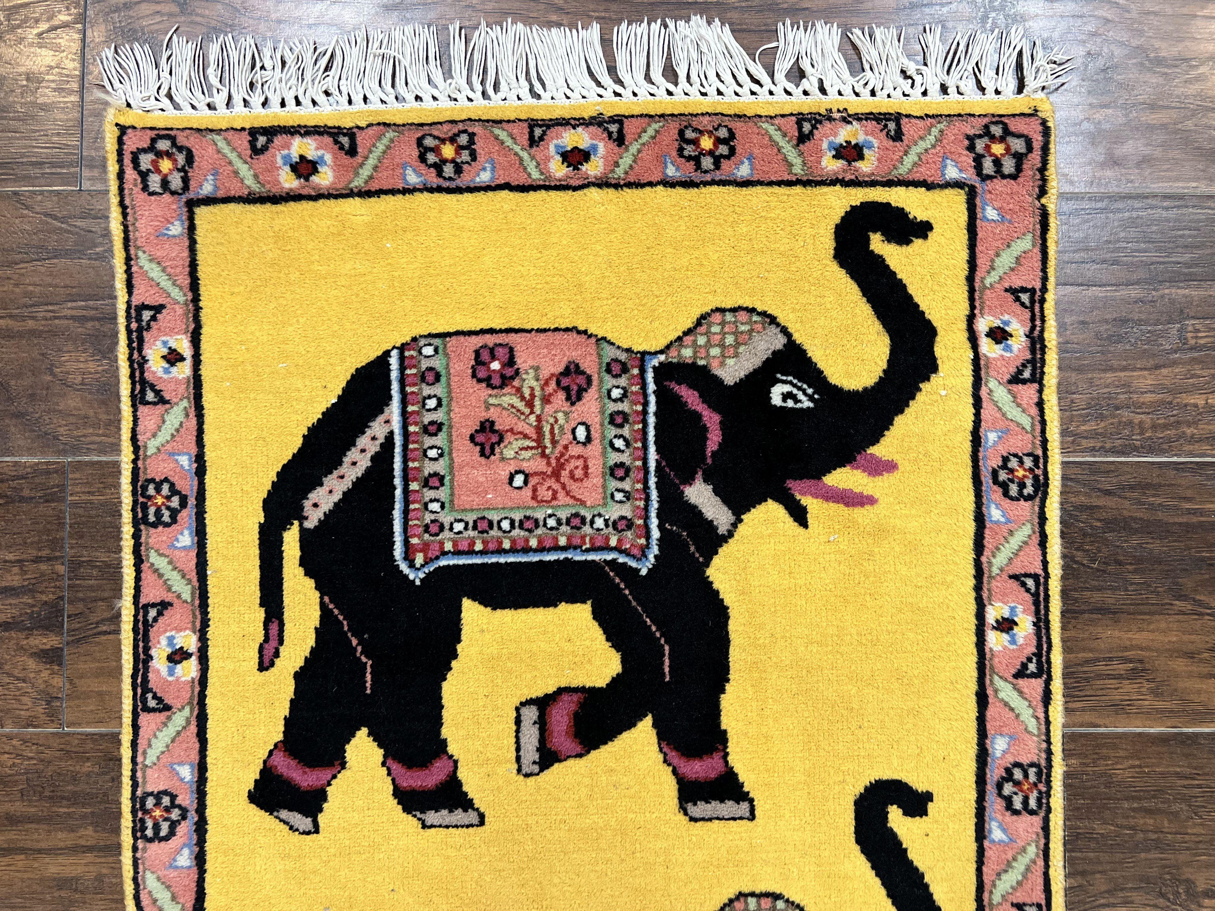Unique Indian Pictorial Rug 2x3, Small Wool Hand Knotted Oriental Carpet, Yellow, Two Elephants, Handmade