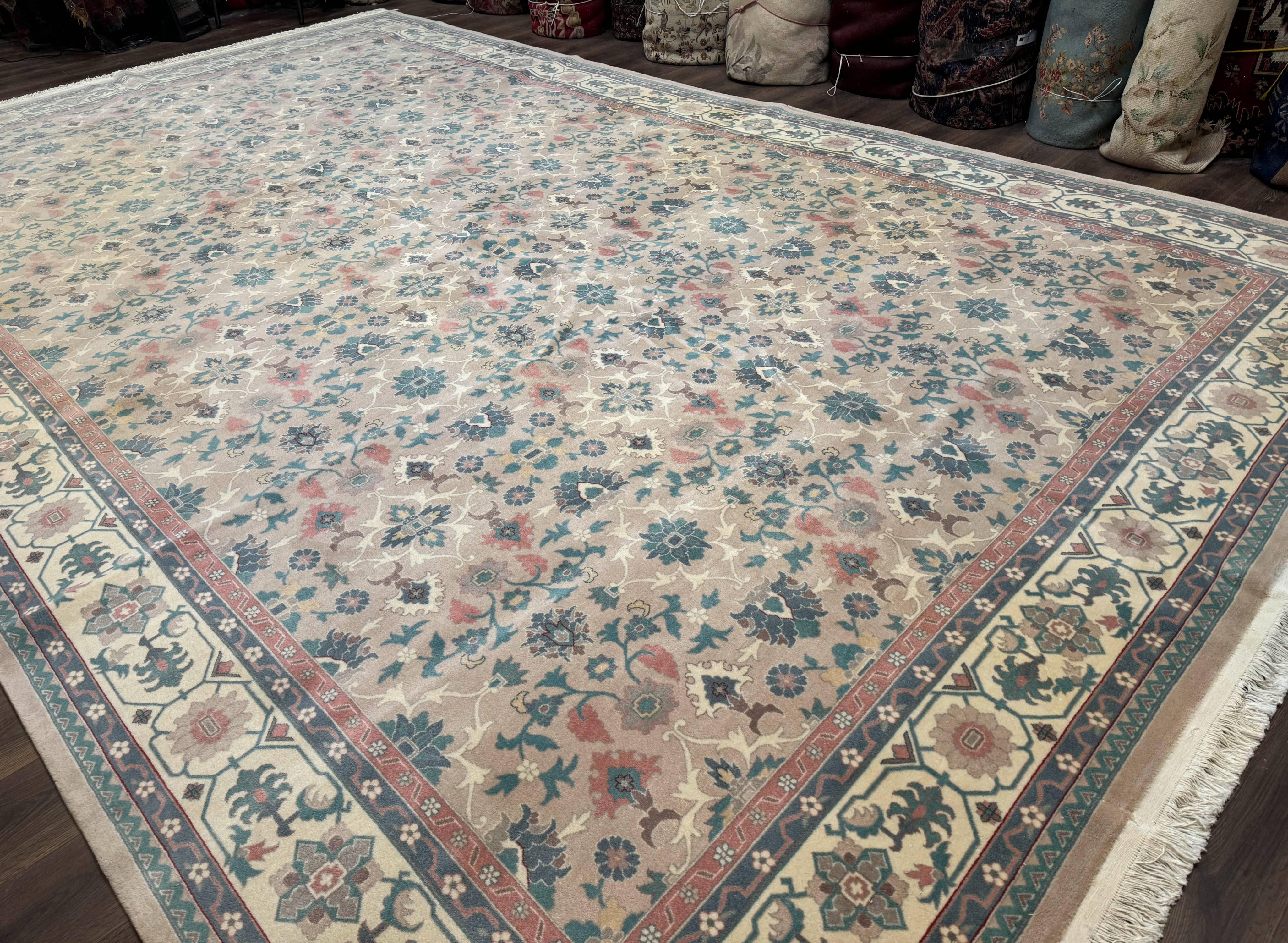 Palace Size Wool Rug 10x18, Sino Persian Kerman Rug, Oversized Hand Knotted Carpet, Light Taupe, Allover Pattern