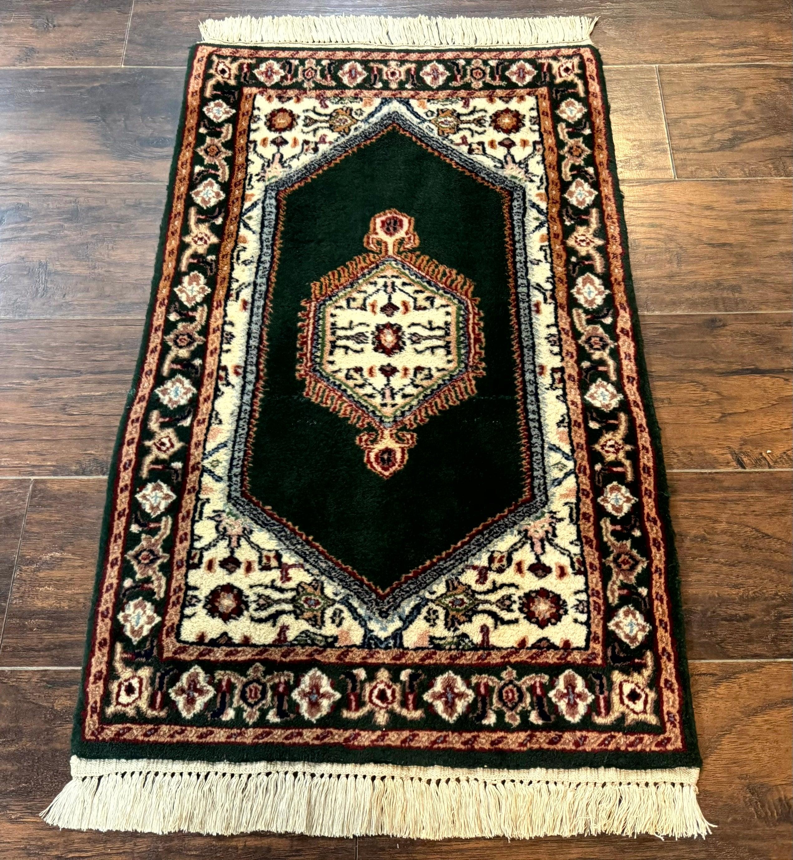 Small Indo Persian Dark Green Rug 2x3, Geometric Semi Open Field