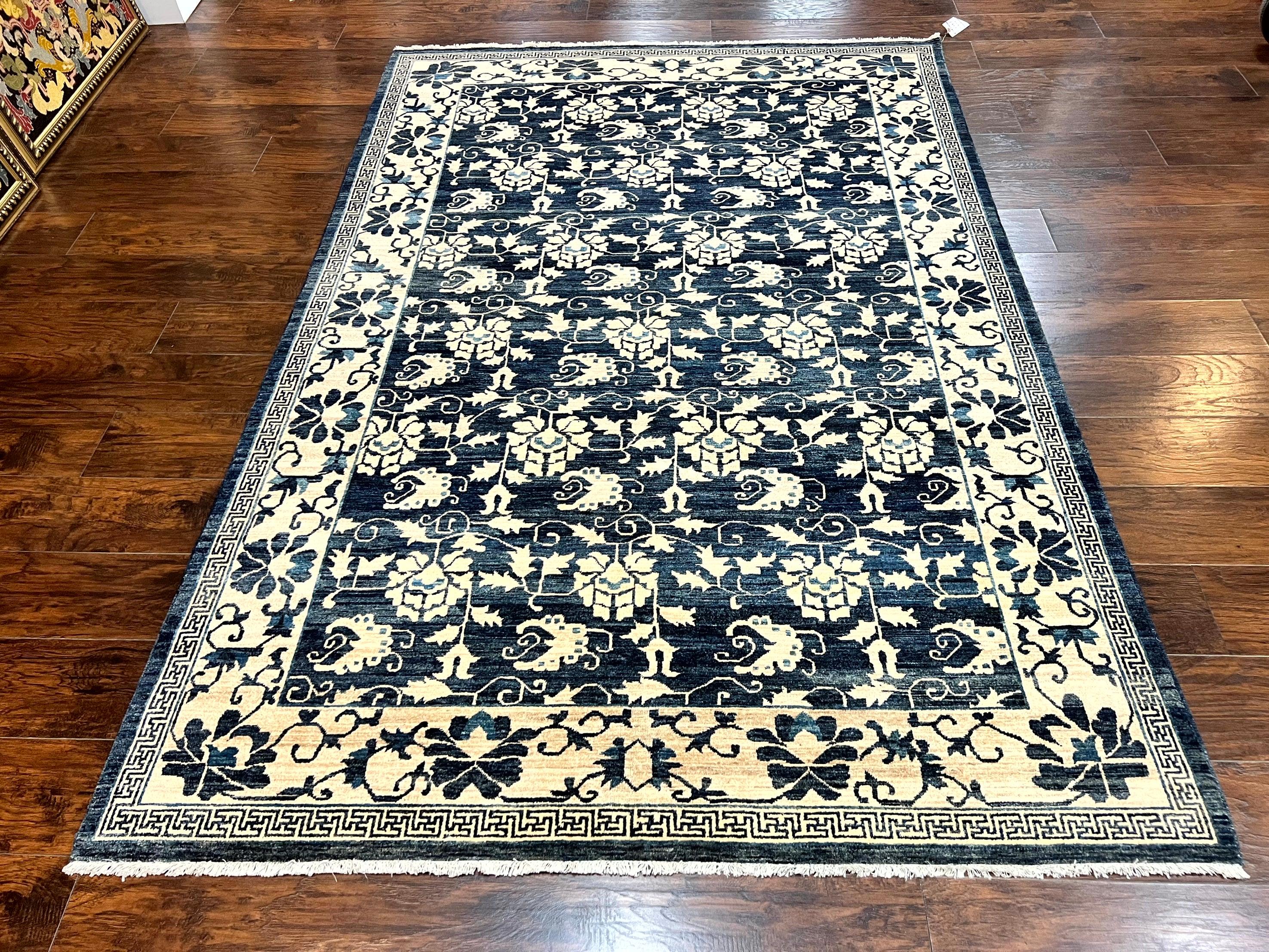Sino Persian Rug 6x9, Hand Knotted Wool Carpet, Floral Allover, Blue Cream-Tan