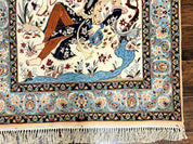 Persian Isfahan Pictorial Rug, Two Lovers, Kork Wool on Silk Foundation, Ivory and Light Blue, 500 KPSI Super Fine