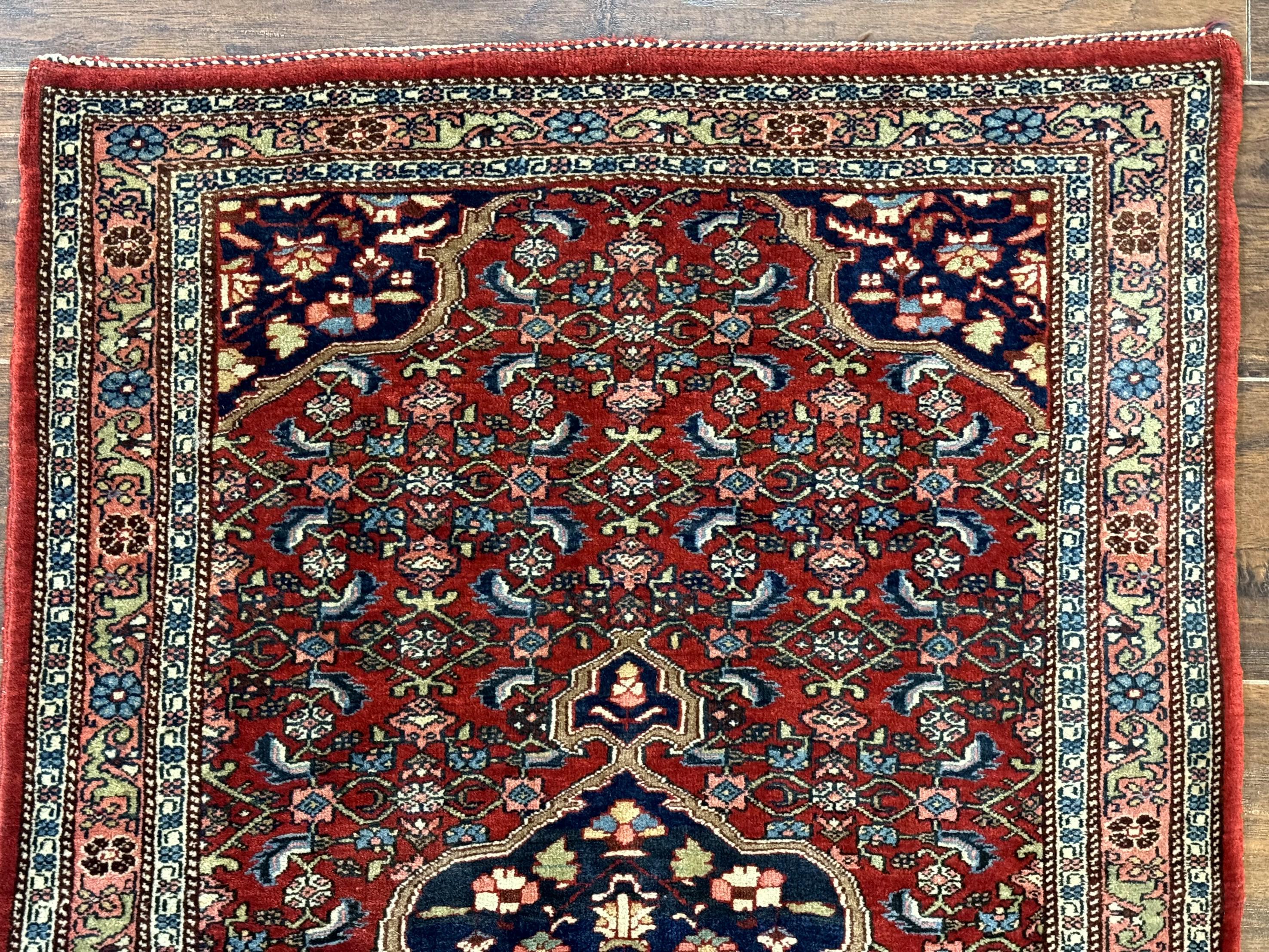 Persian Bidjar Rug 2.7 x 4, Red and Navy Blue, Small Persian Area Rug, Semi Antique