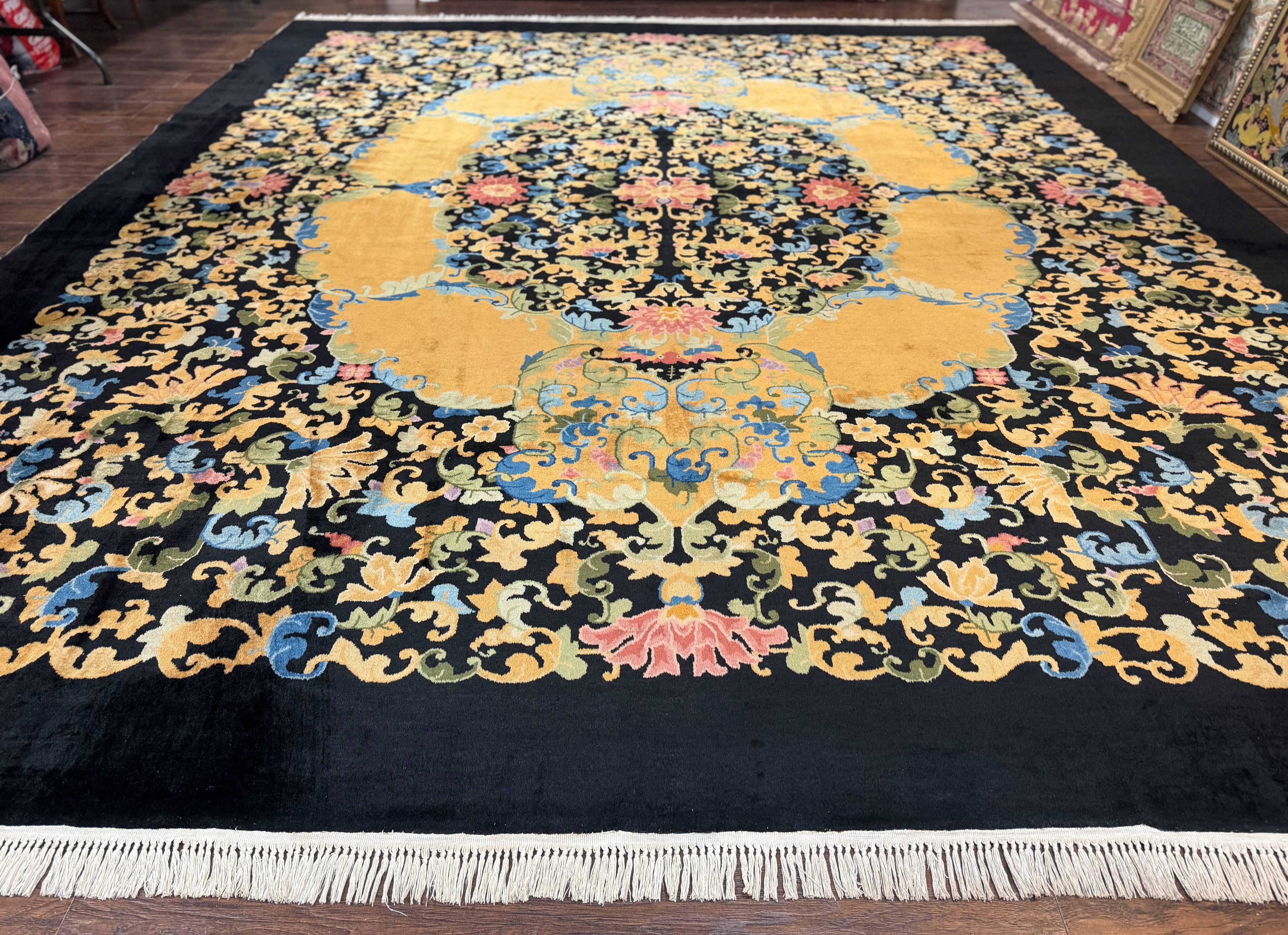 Antique Chinese Peking Rug 12.6 x 14.9, Palace Size Asian Oriental Carpet, Art Deco Rug, Rare