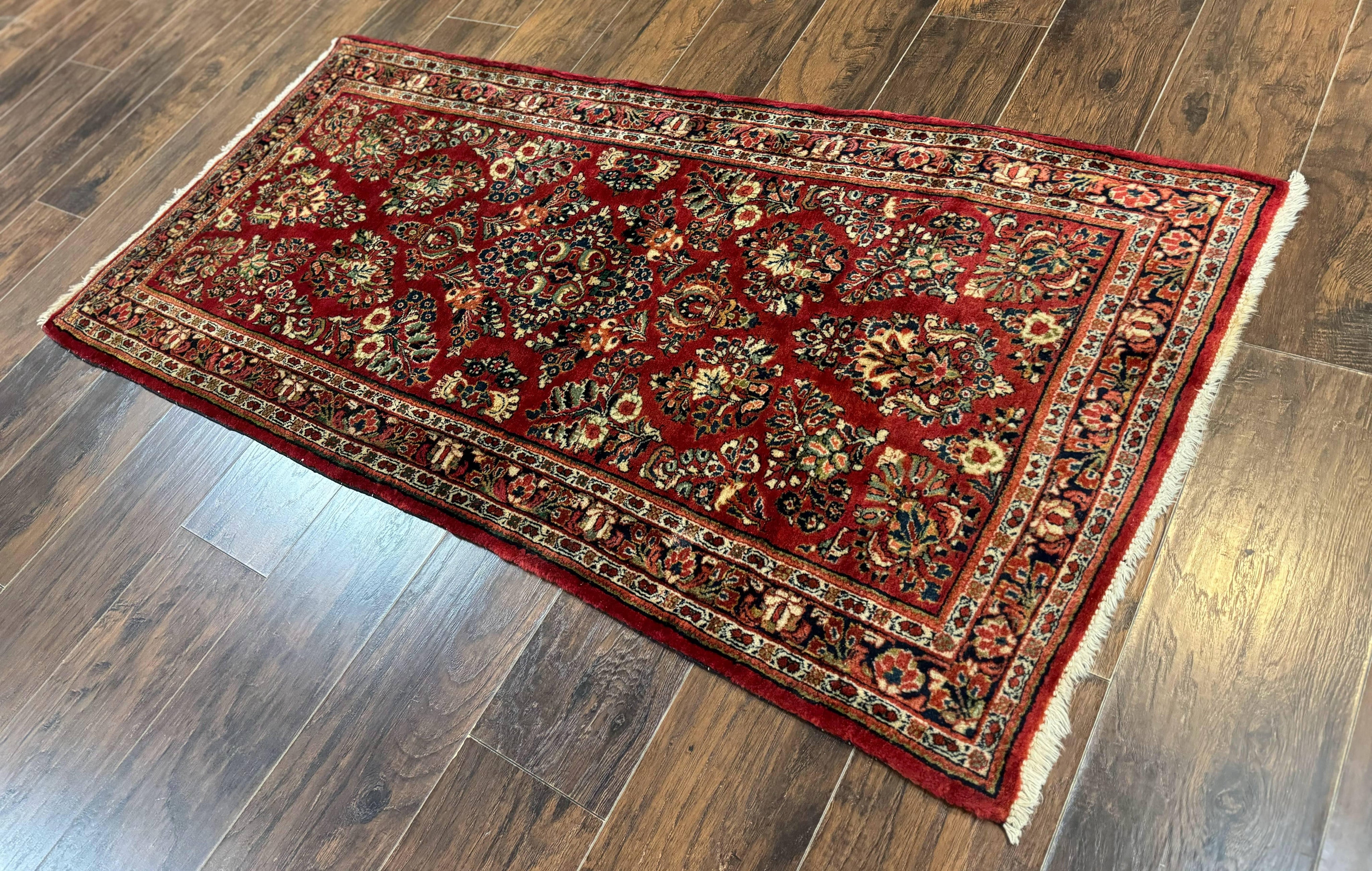 Red Persian Sarouk Rug 3 x 5.8, Antique Wool Carpet, 210 KPSI