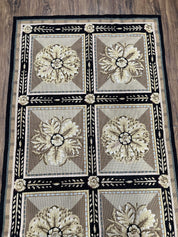 Needlepoint Runner Rug 3x8 Panel Design Rug, Flatweave Runner Rug, English Design, Floral, Short Runner Rug, Black and Beige Wool Hand-Woven