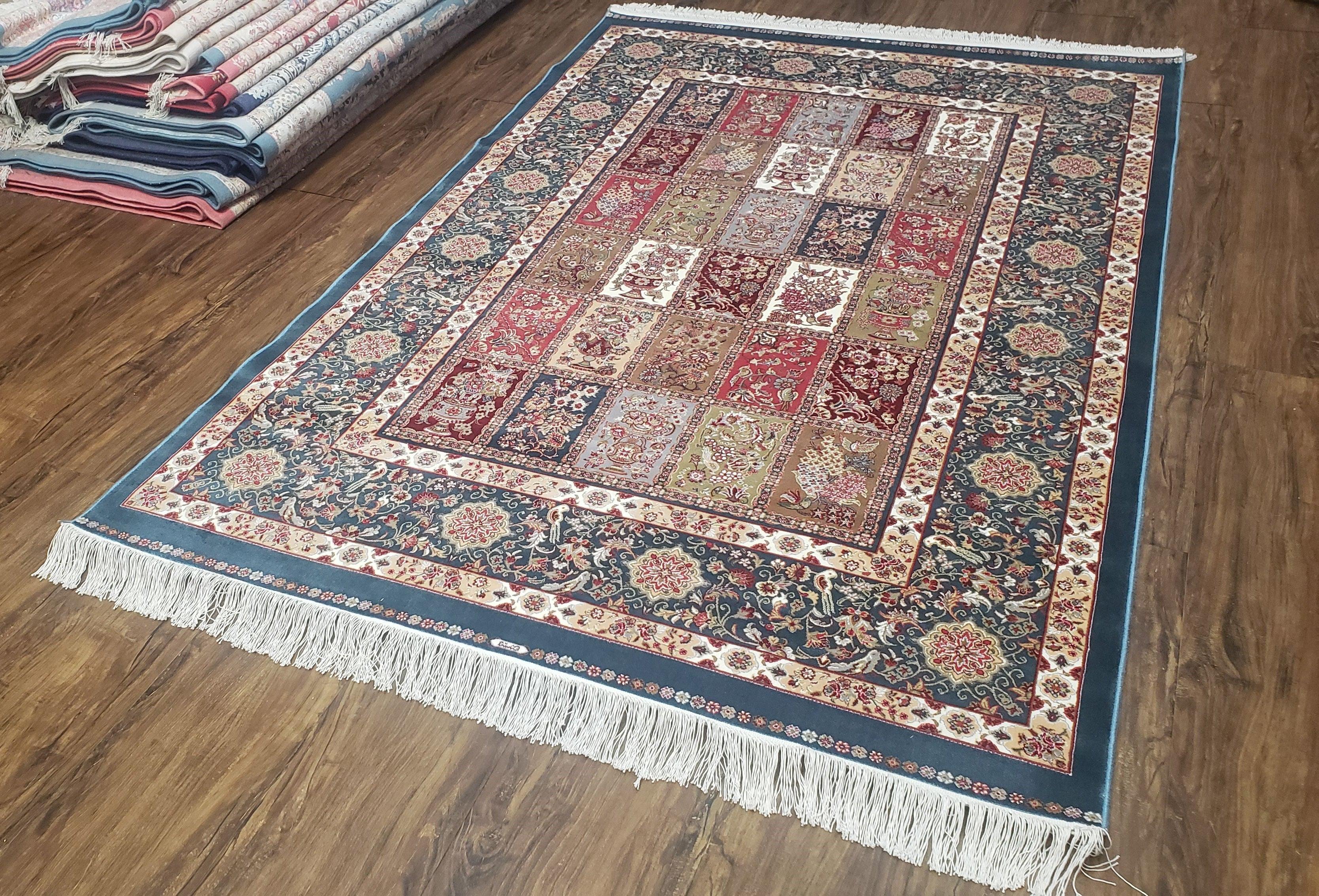 Silk Carpet 4x6 Blue, Panel Design, Four Seasons Pattern, Super Fine & Soft, Bamboo Silk, 4 x 6 Oriental Area Rug, High Quality, New Rug