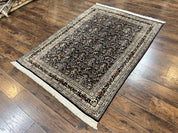 Silk Indian Kashmiri Rug 5x7, Navy Blue Indo Persian Silk Carpet 5 x 7 ft, Hand Knotted Handmade Very Fine Oriental Carpet, 450 KPSI, Birds