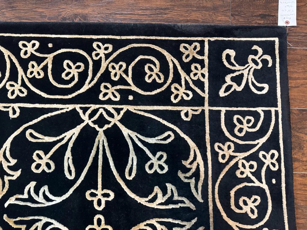 Tibetan Rug 8x10, Wool and Silk, Raised Pattern, Black and Gold, Floral