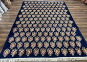 Persian Rug 9x12, Authentic Hand Knotted Carpet, Repeated Floral Motif Garden of Eden, Navy Blue Wool Rug 9 x 12, Semi Antique Kirman Rug