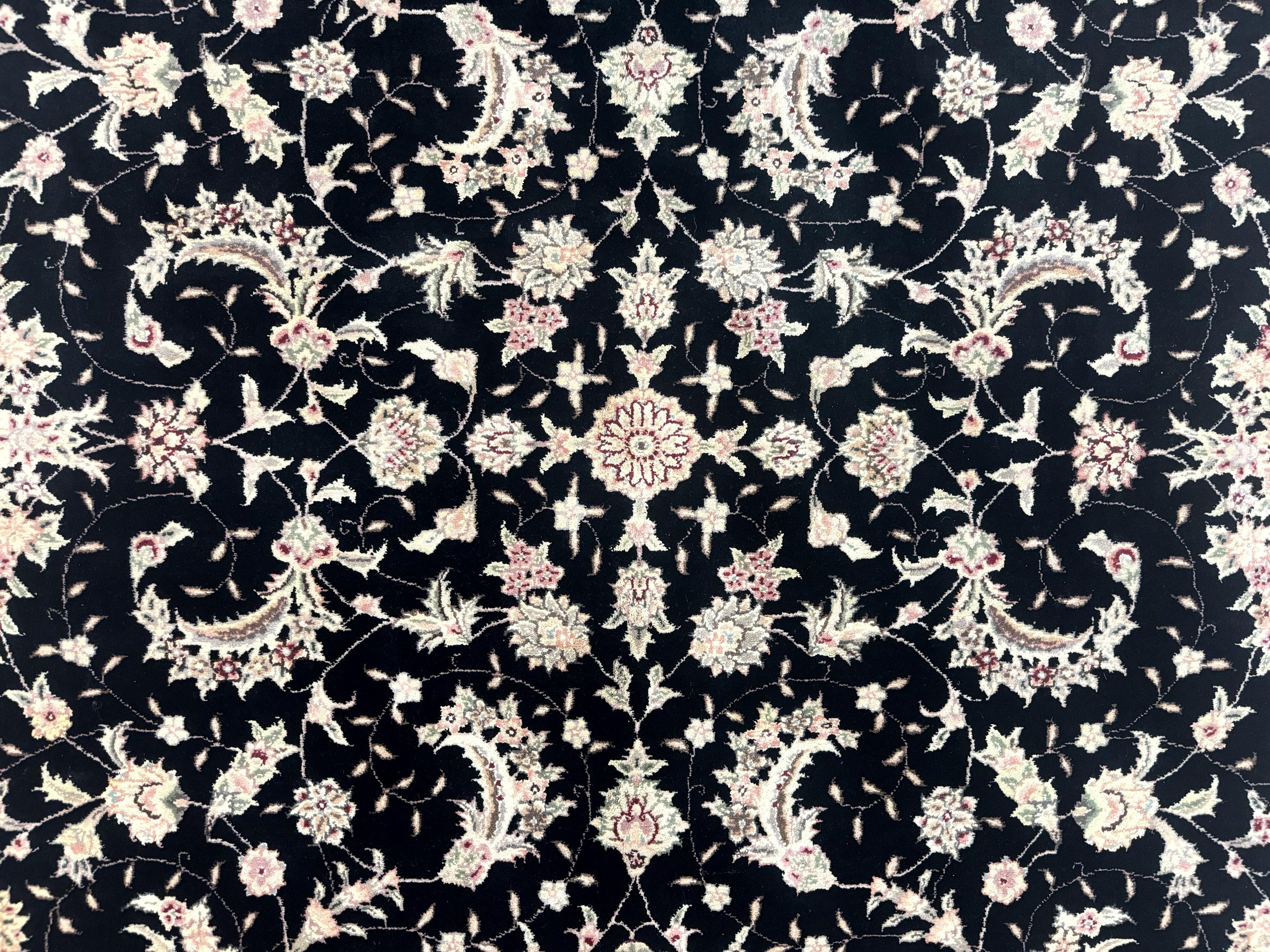 Sino Persian Rug 6x9, Black and Ivory, Wool and Silk Highlights, Handmade