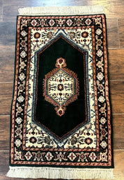 Small Indo Persian Dark Green Rug 2x3, Geometric Semi Open Field