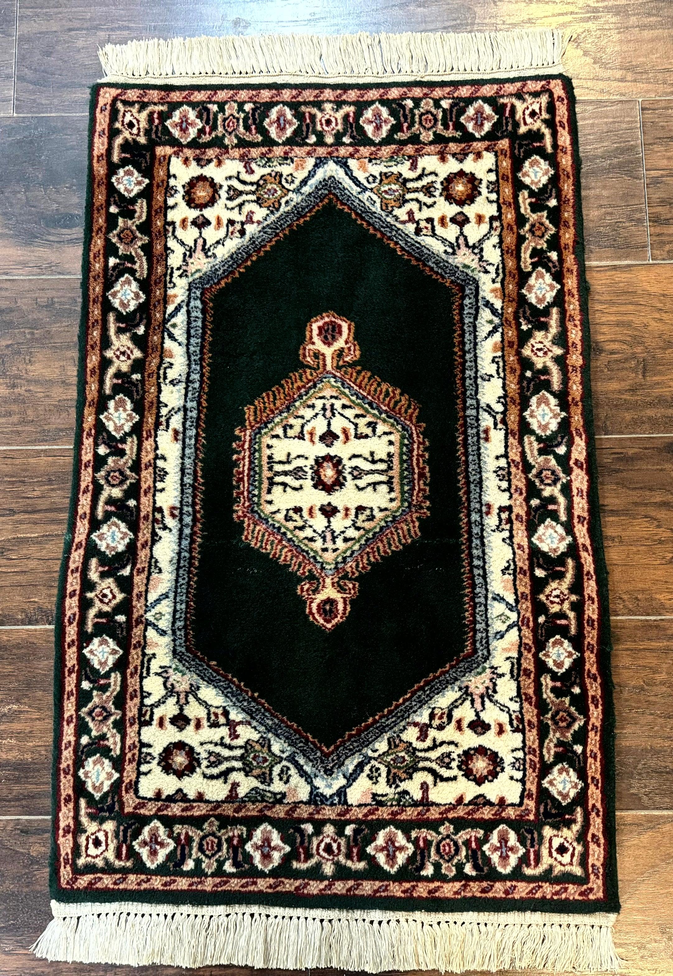 Small Indo Persian Dark Green Rug 2x3, Geometric Semi Open Field