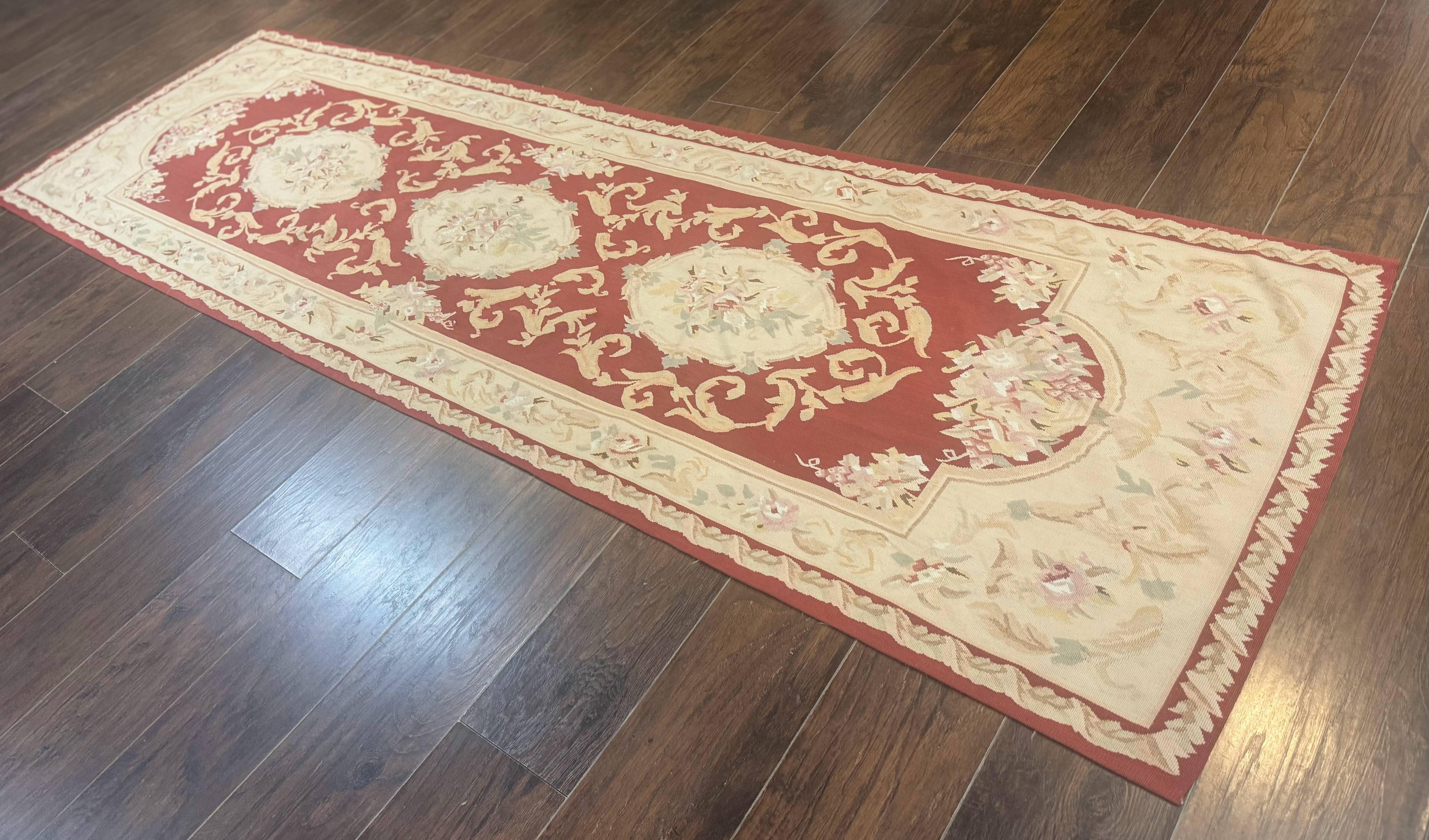 Aubusson Runner Rug 3x10, European Design, Red and Beige, Elegant, Handmade Wool Rug