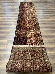 Indo Persian Runner Rug 2.7 x 13.8, Maroon, Wool, Handmade Indian Rug for Hallway