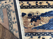Antique Chinese Pictorial Rug 2.7 x 5, Chinese Village and Hills Carpet, Beige and Dark Blue, Handmade, Horizontal Rug Wall Hanging Tapestry