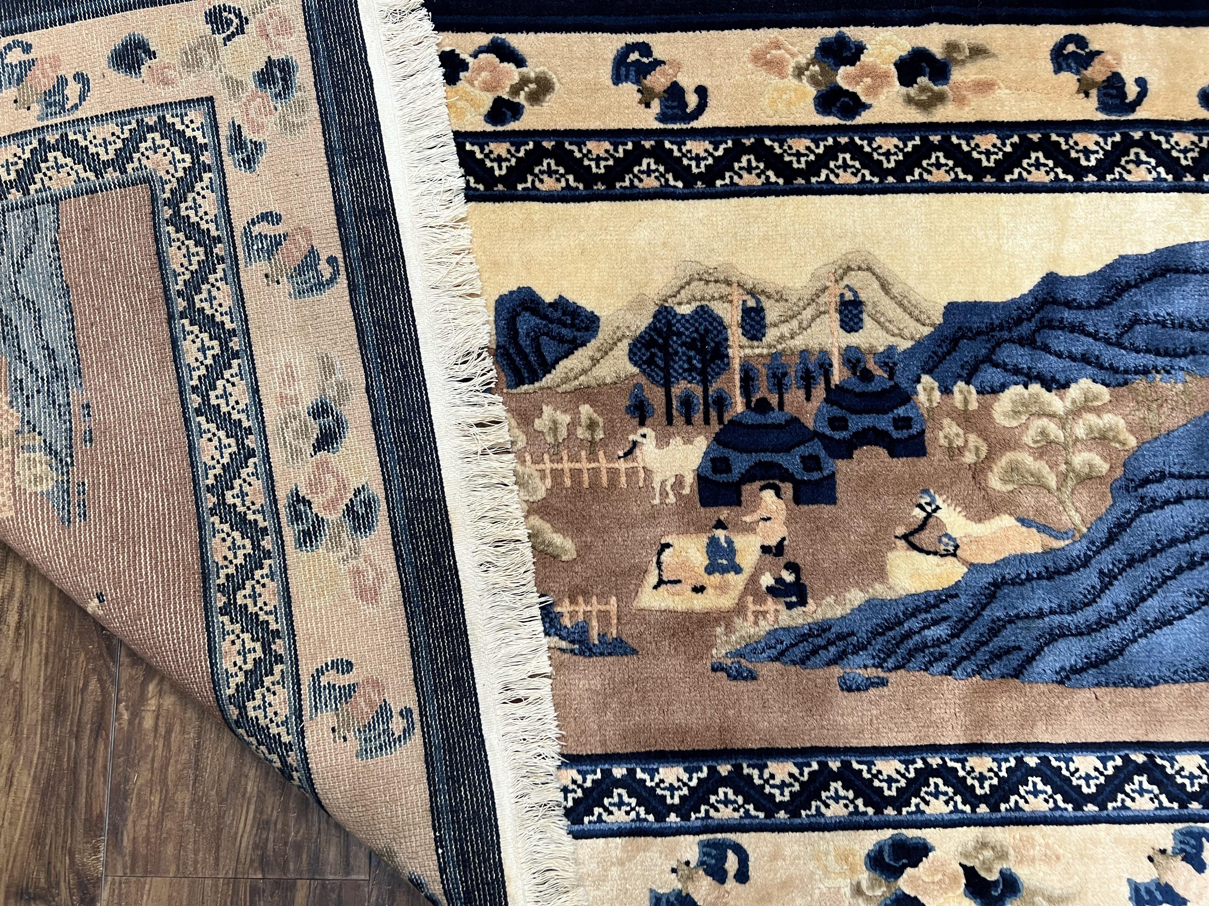 Antique Chinese Pictorial Rug 2.7 x 5, Chinese Village and Hills Carpet, Beige and Dark Blue, Handmade, Horizontal Rug Wall Hanging Tapestry
