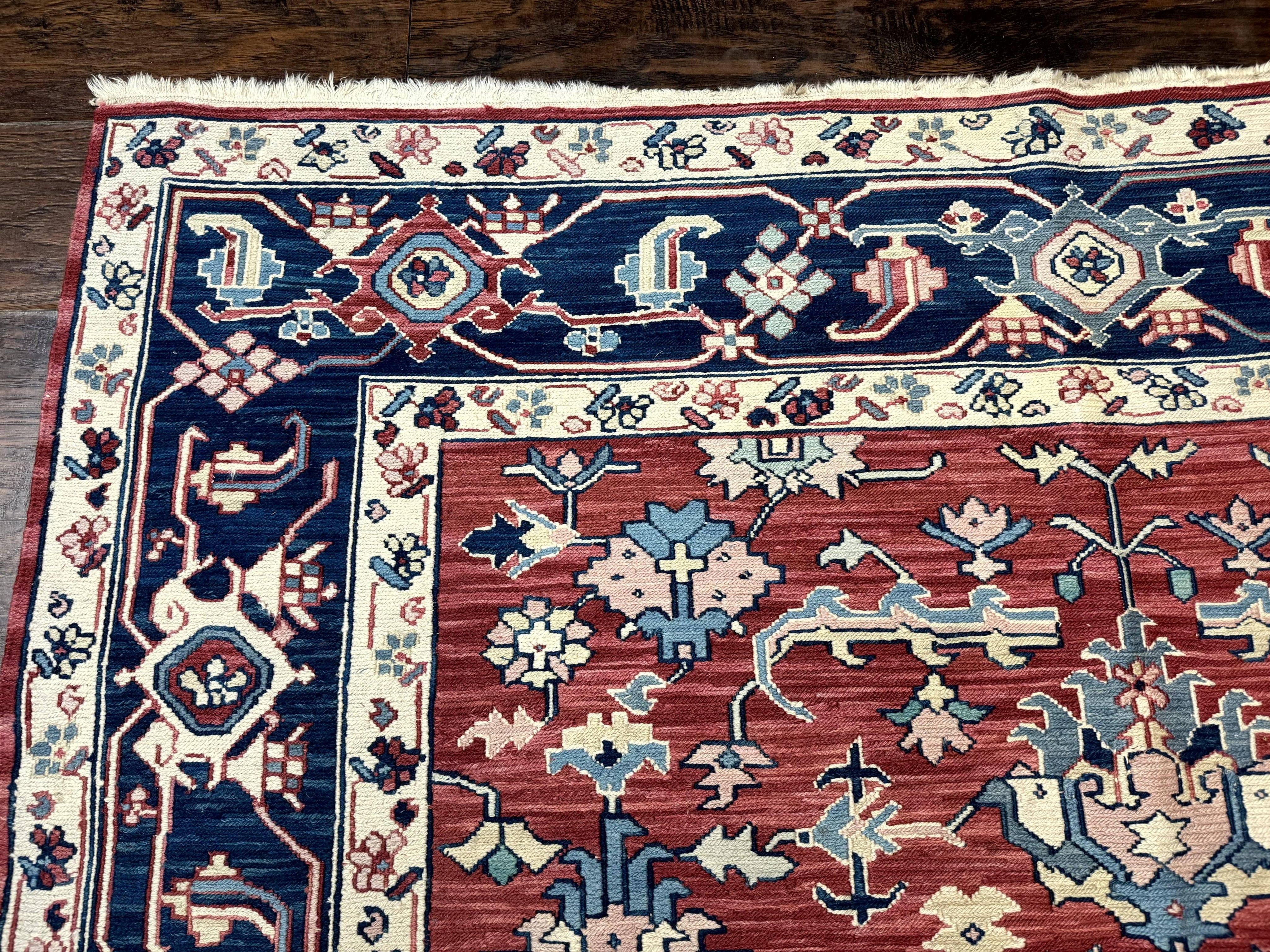 Turkish Flatweave Rug 6x9, Heriz Design, Red and Blue