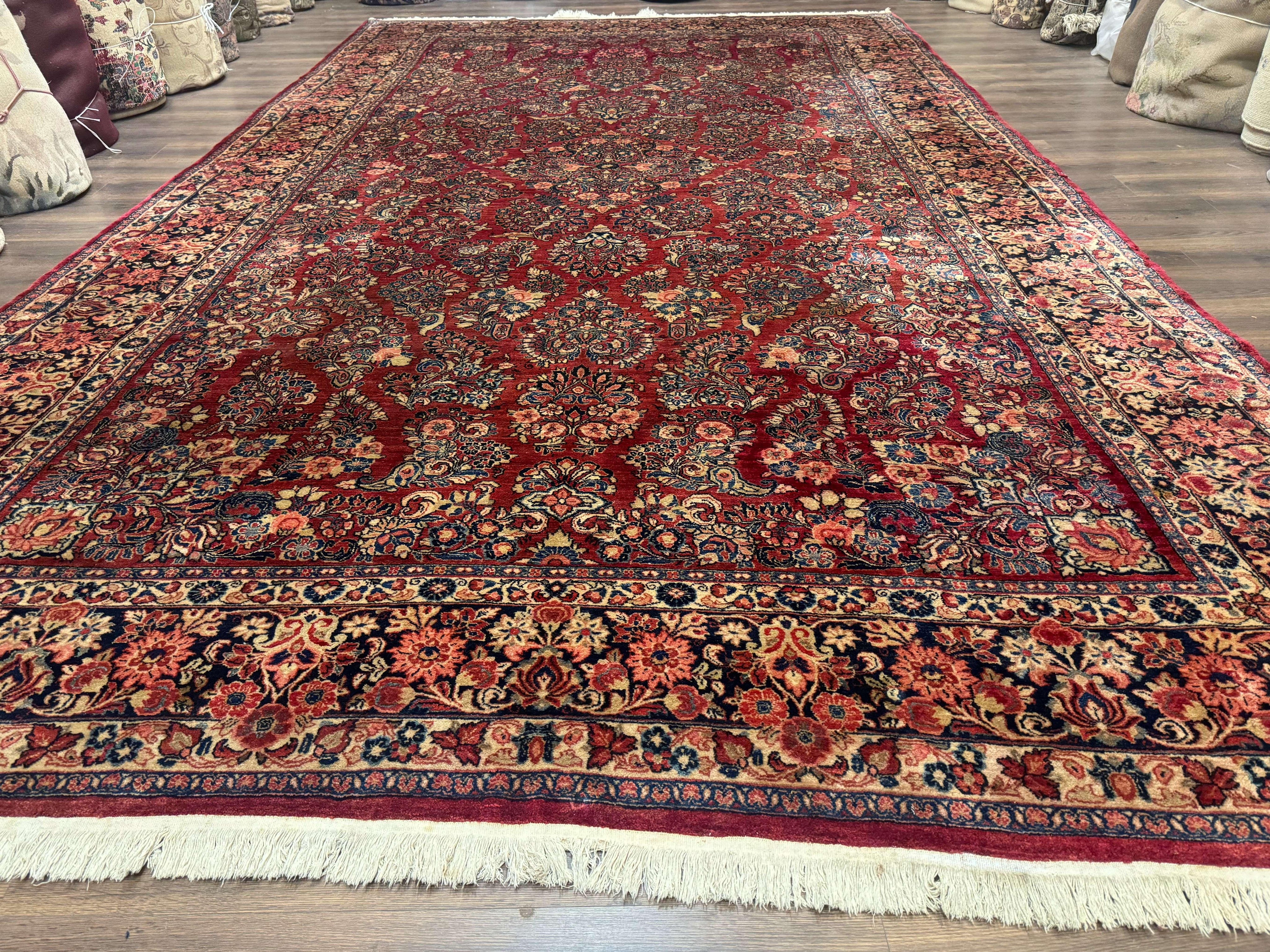 Large Persian Sarouk Rug 10x17, Palace Size Antique Persian Carpet, Red, Floral Allover, Traditional Persian Rug, Oversize Handmade Wool Rug