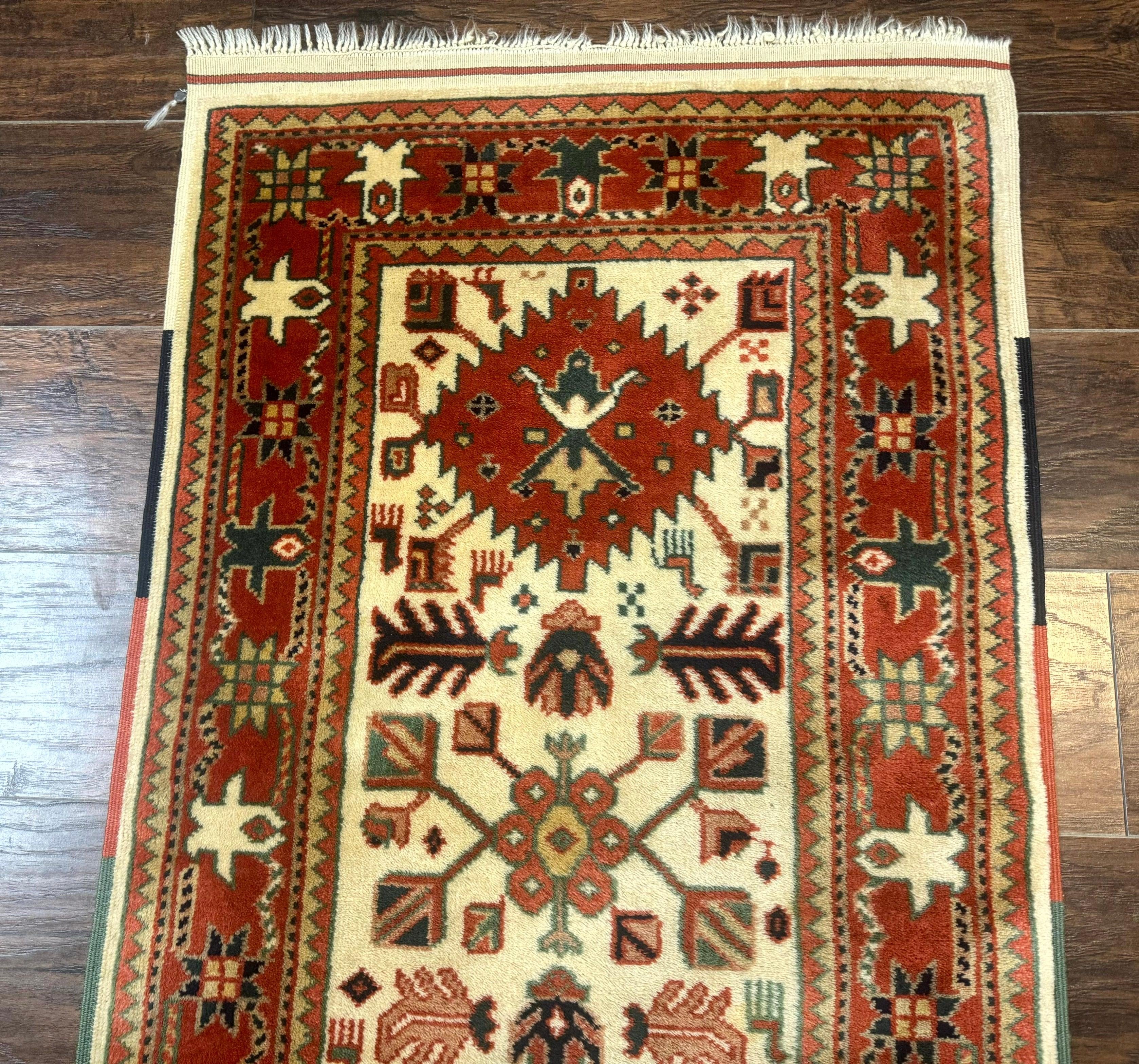 Turkish Runner Rug 2.4 x 8, Kazak Geometric Heriz Pattern, Beige Red