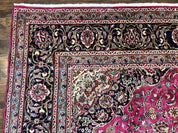 Persian Rug 10x13, Wool Hand Knotted Antique Kashmar Carpet, Raspberry Red & Navy Blue, Floral Medallion, Traditional Oriental Rug 10 x 13