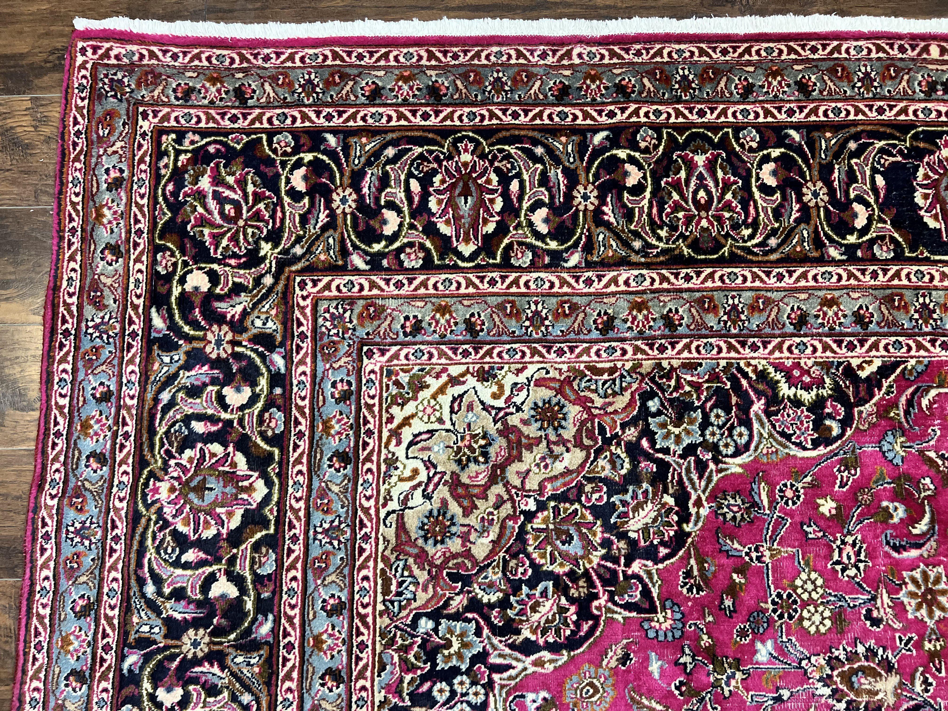 Persian Rug 10x13, Wool Hand Knotted Antique Kashmar Carpet, Raspberry Red & Navy Blue, Floral Medallion, Traditional Oriental Rug 10 x 13