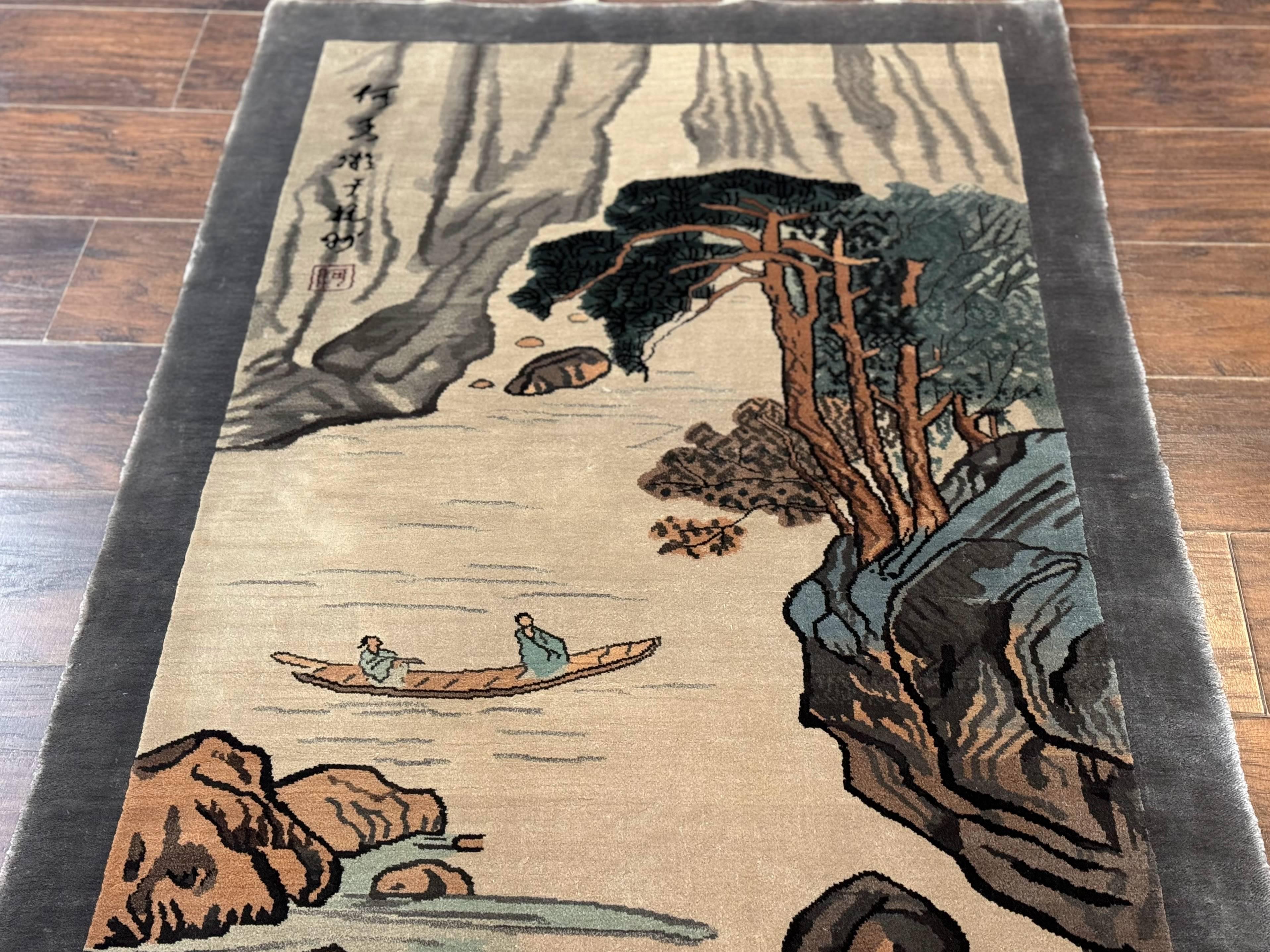 Chinese Silk Wall Hanging 3x5, Handmade, River and Boat Scene, Rug Tapestry