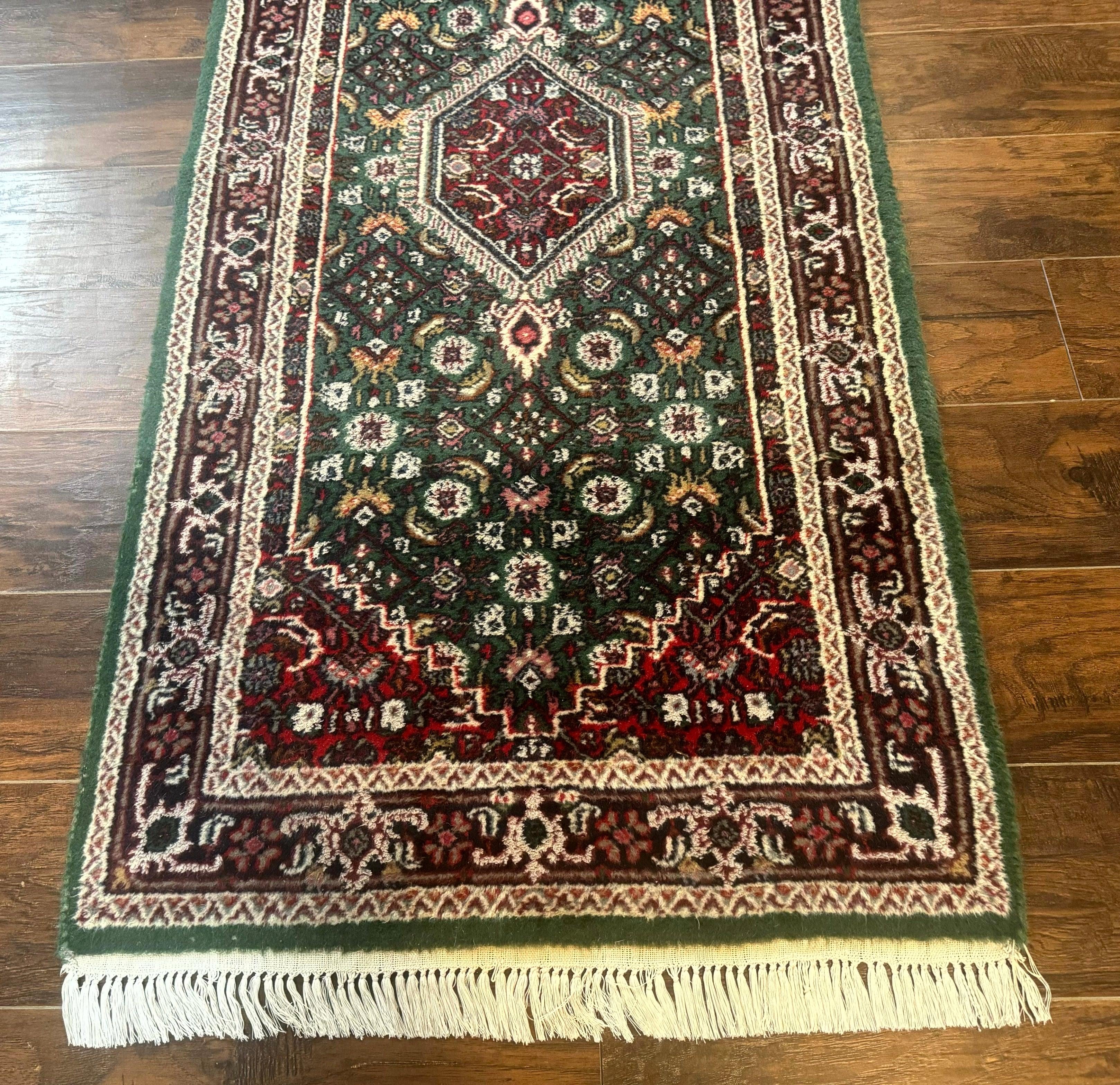 Green Indo Persian Bidjar Runner Rug 3x10, Green and Red