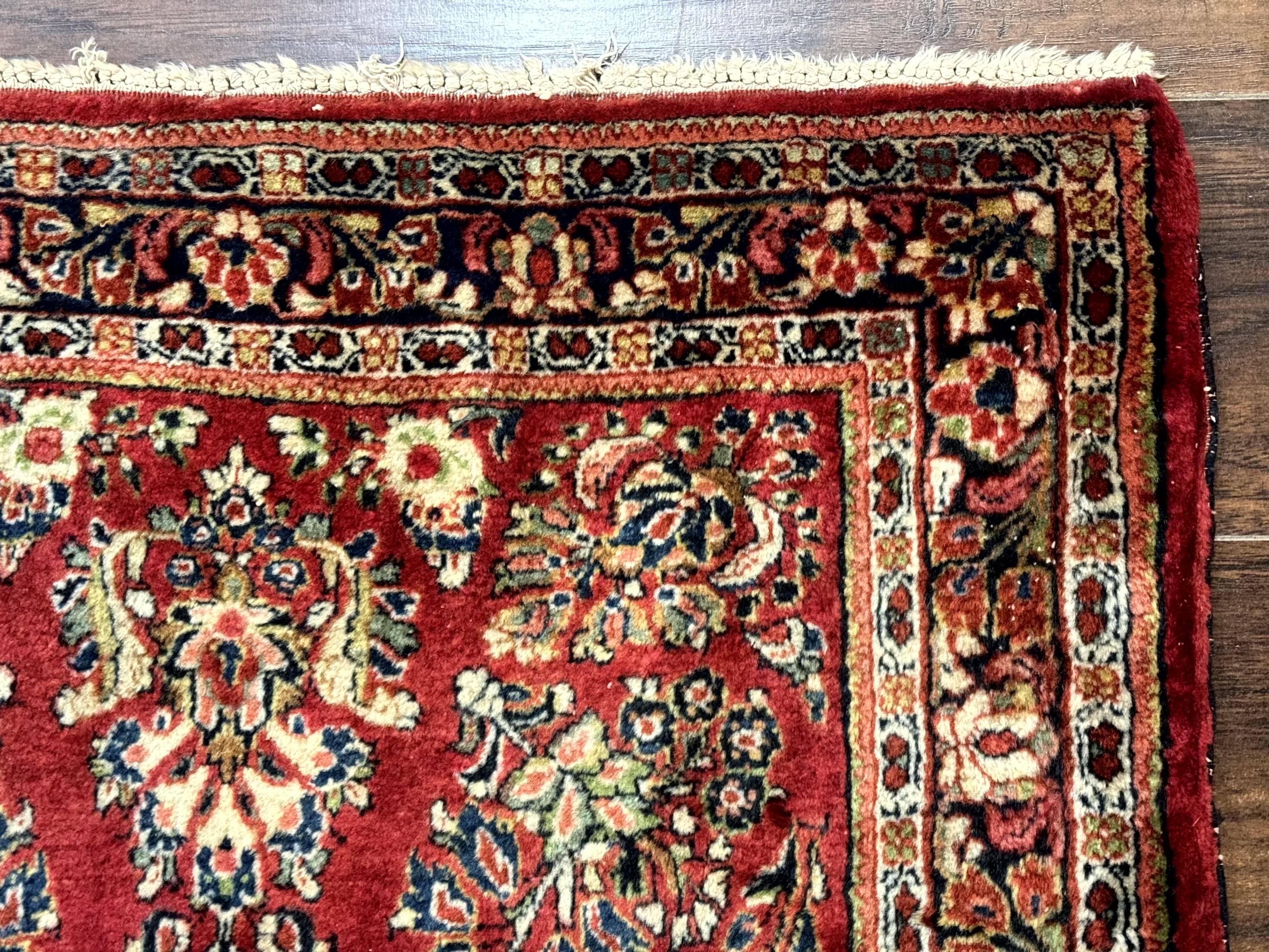 Red Persian Sarouk Rug 3 x 5.8, Antique Wool Carpet, 210 KPSI