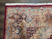 Persian Rug 9x12, Kirman DeLuxe, Millefleur Floral Medallion Carpet, Maroon Light Blue Beige, Semi Antique Authentic Hand Knotted Wool Rug