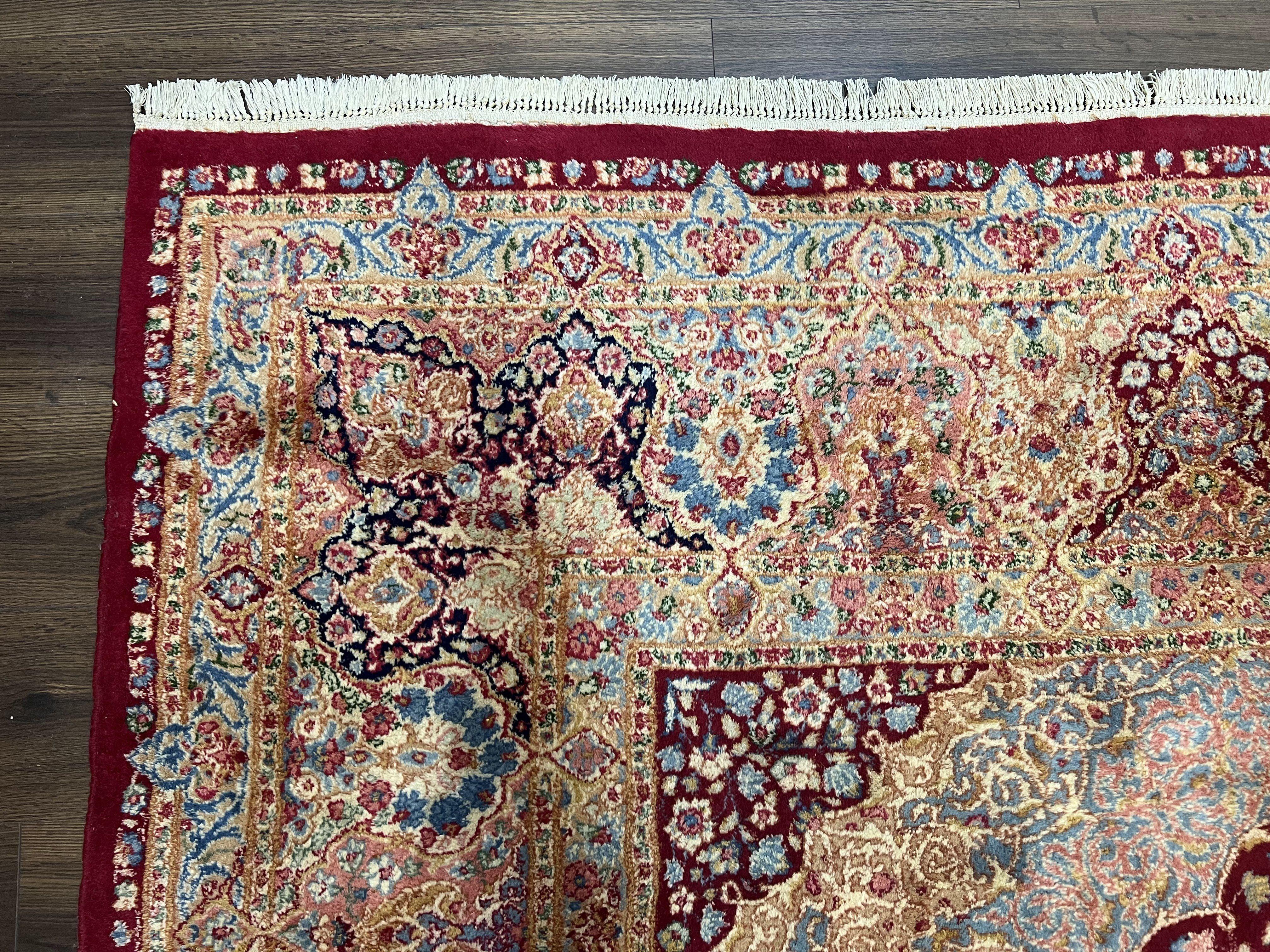 Persian Rug 9x12, Kirman DeLuxe, Millefleur Floral Medallion Carpet, Maroon Light Blue Beige, Semi Antique Authentic Hand Knotted Wool Rug