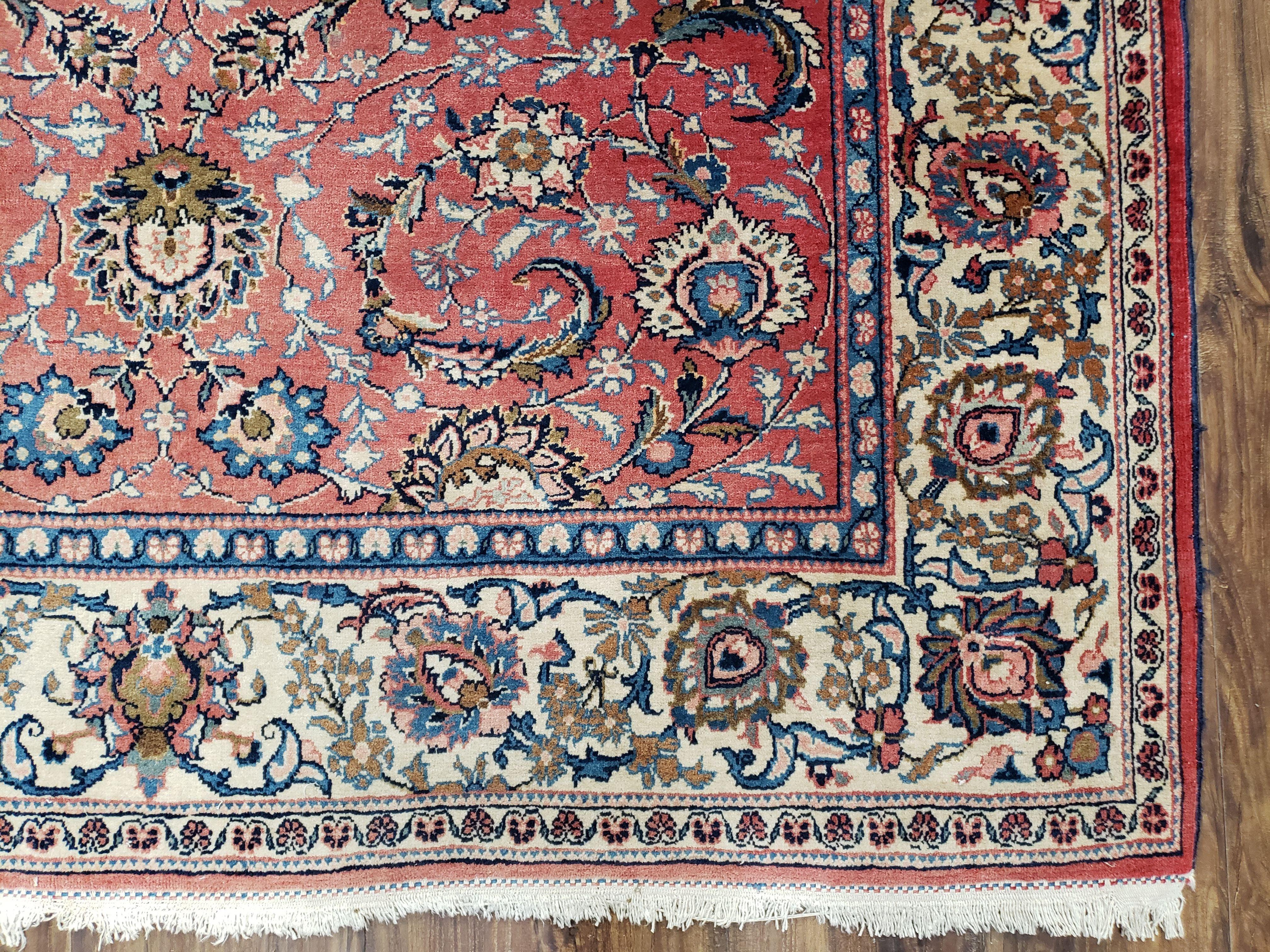 Semi Antique Persian Kashan, Red & Cream, Hand-Knotted, Wool, 4' 8" x 6' 6", Pair A